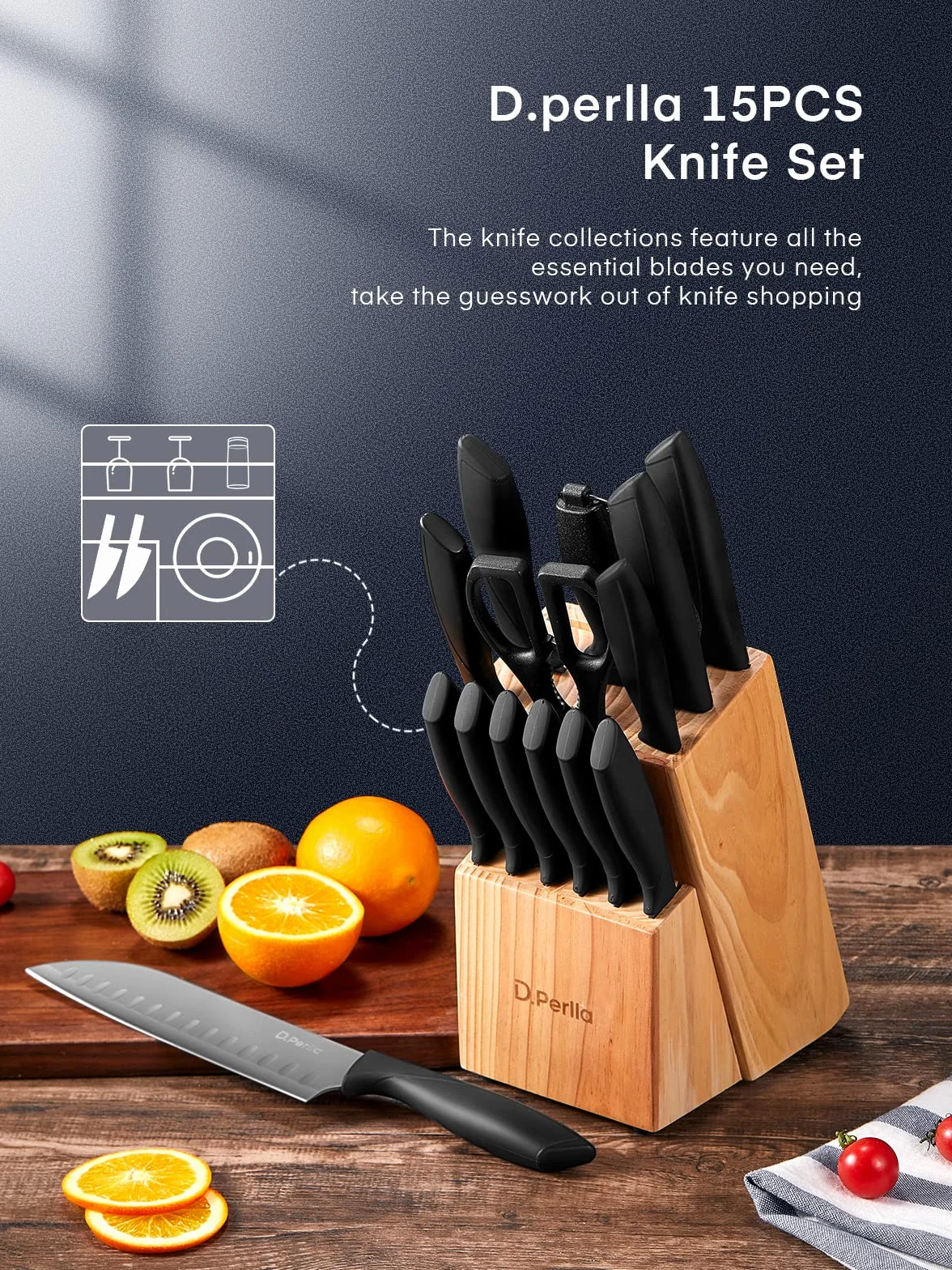 D.Perlla Couteau Cuisine, 15 Pièces Bloc Couteaux Cuisine en Acier Inoxydable, Ensemble de Couteaux Professionnels avec Bloc Couteaux en Bois, Super Aiguisé