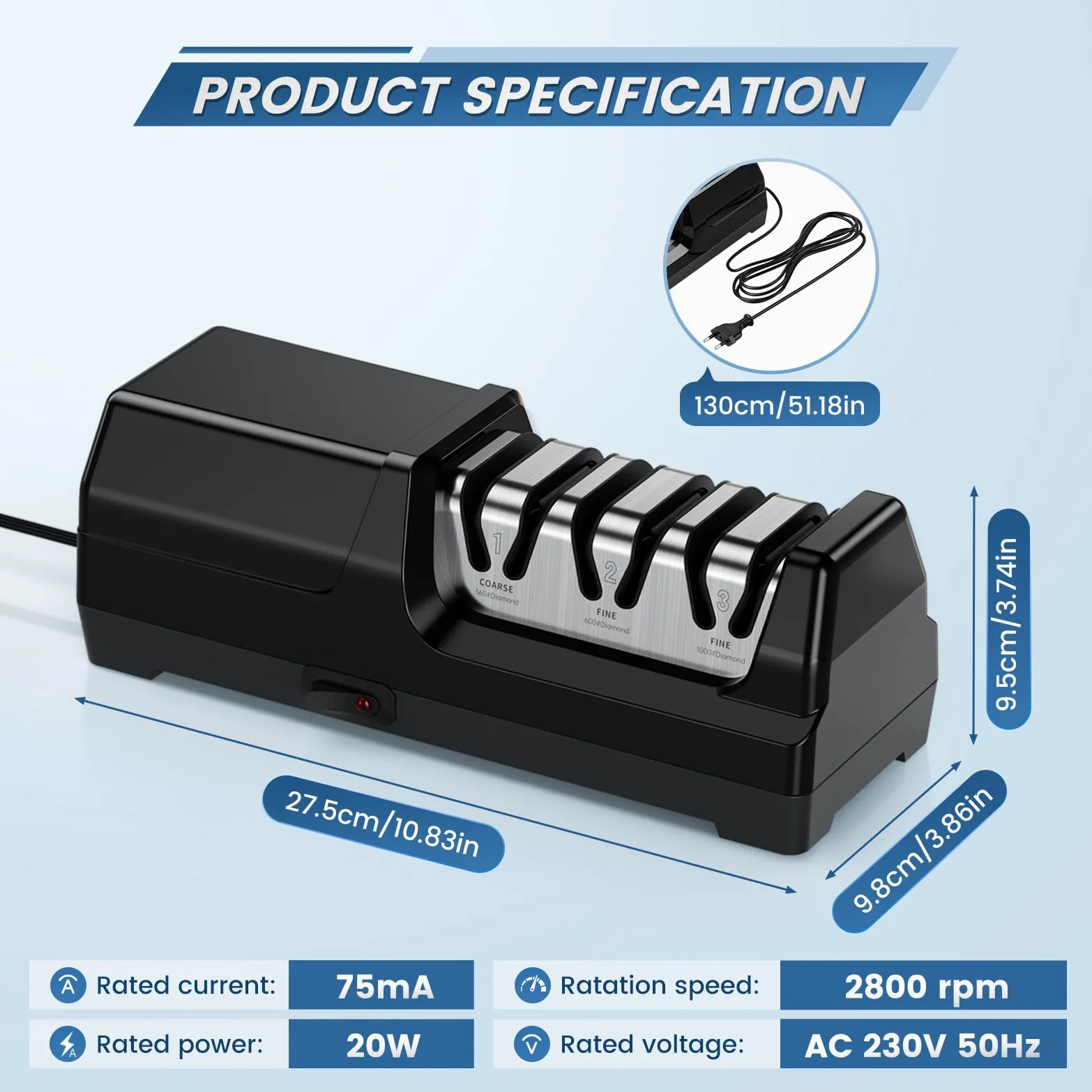 Aiguiseur de Couteaux électrique Professionnel à 3 Niveaux, Disques Diamantés, Protection Contre la Surchauffe, Moteur Silencieux, Affûtage Rapide pour Couteaux de Cuisine