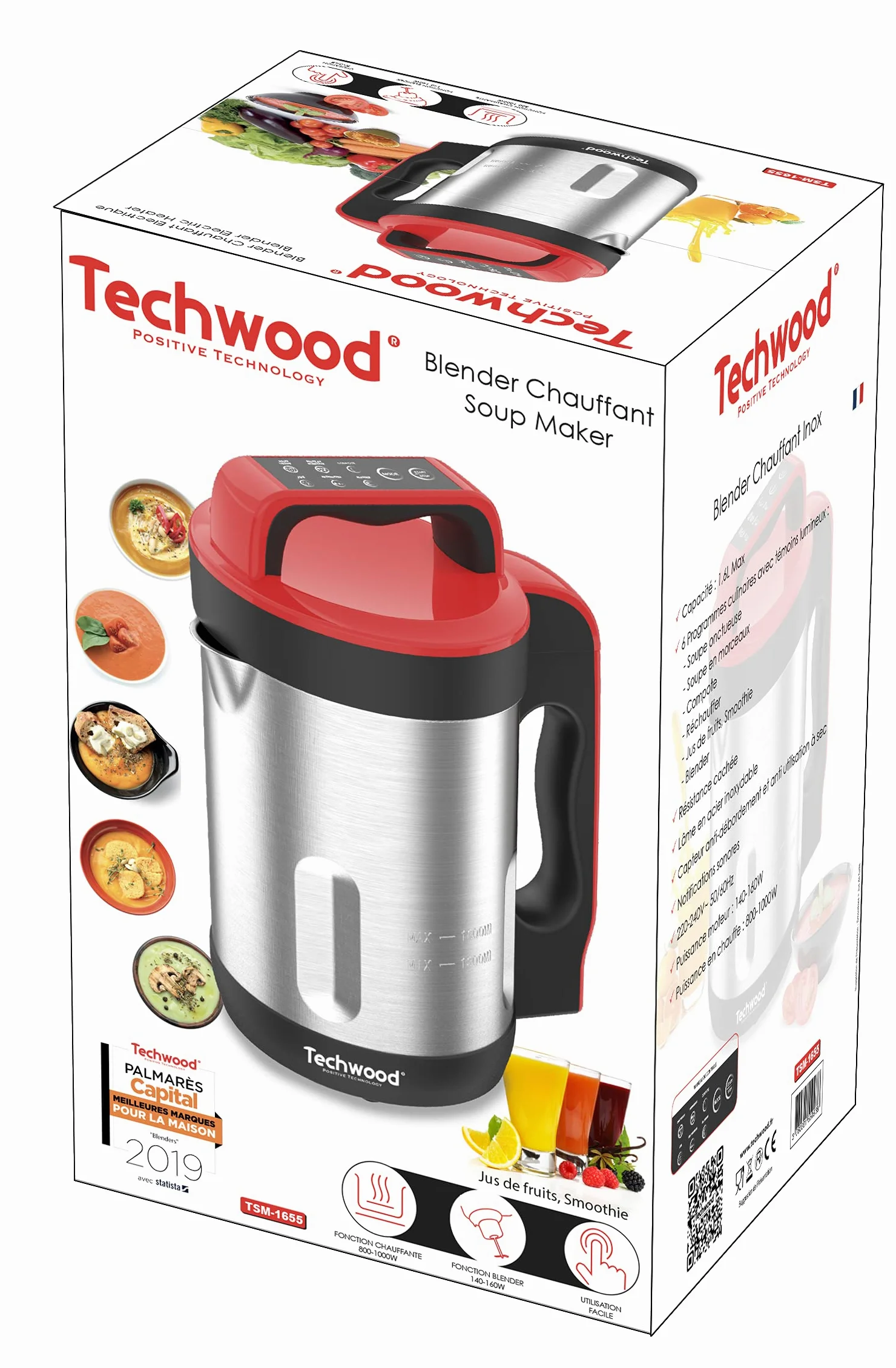 Techwood TSM-1655 Blender Chauffant Capacité 1.6L Soupe Velouté Compote Maintien au Chaud 1000W Inox