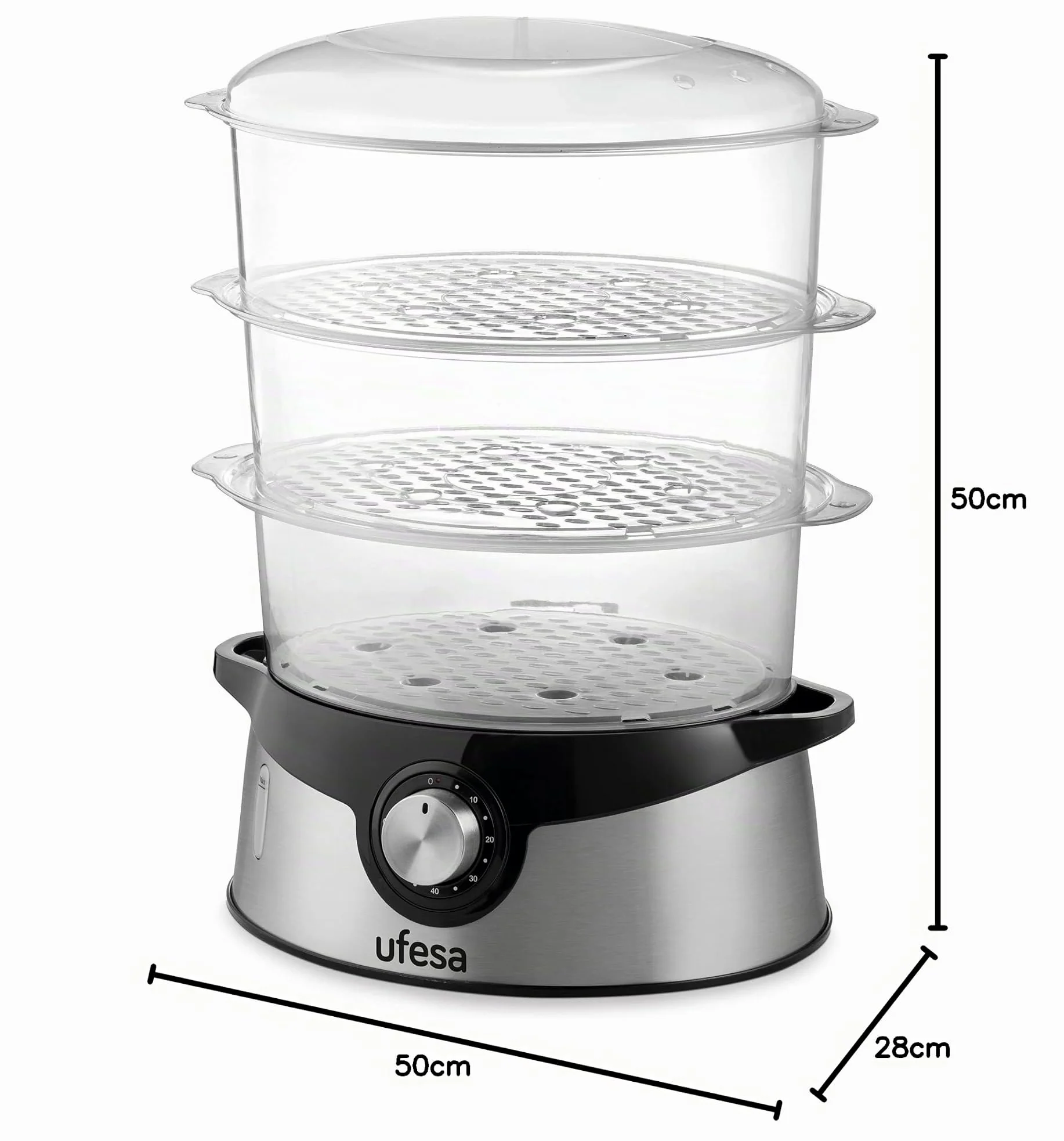 Ufesa CV4000 Cuiseur Vapeur 800W, 3 Plateaux Empilables, Capacité 9L, Minuterie de 60min, Inclus Bol de Riz de 1L, Sans BPA, Inox