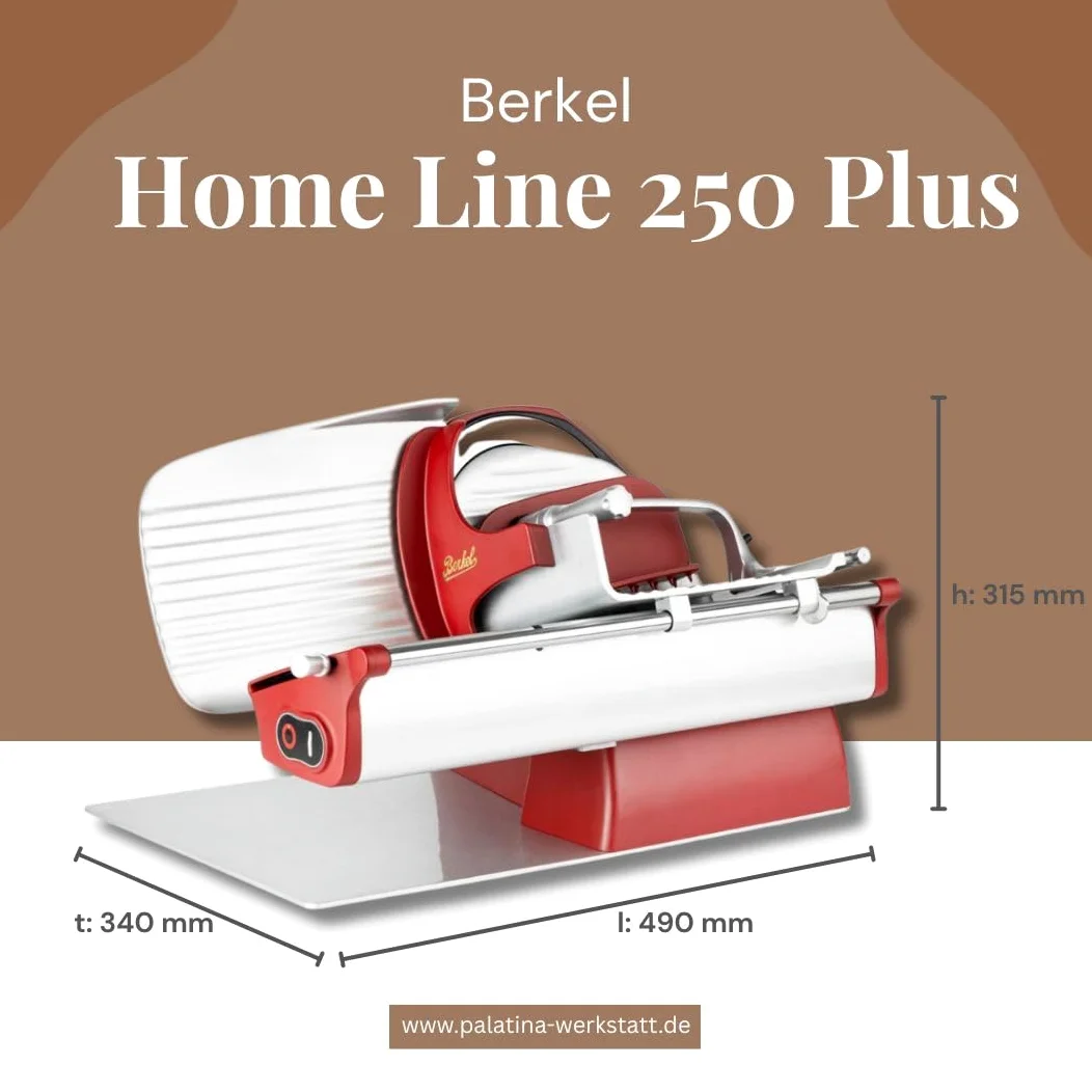 Berkel Home Line 250 Plus Trancheuse à charcuterie, électrique et compacte, rouge mat, idéale pour le prosciutto, les légumes et le fromage, avec planche en bois de qualité supérieure
