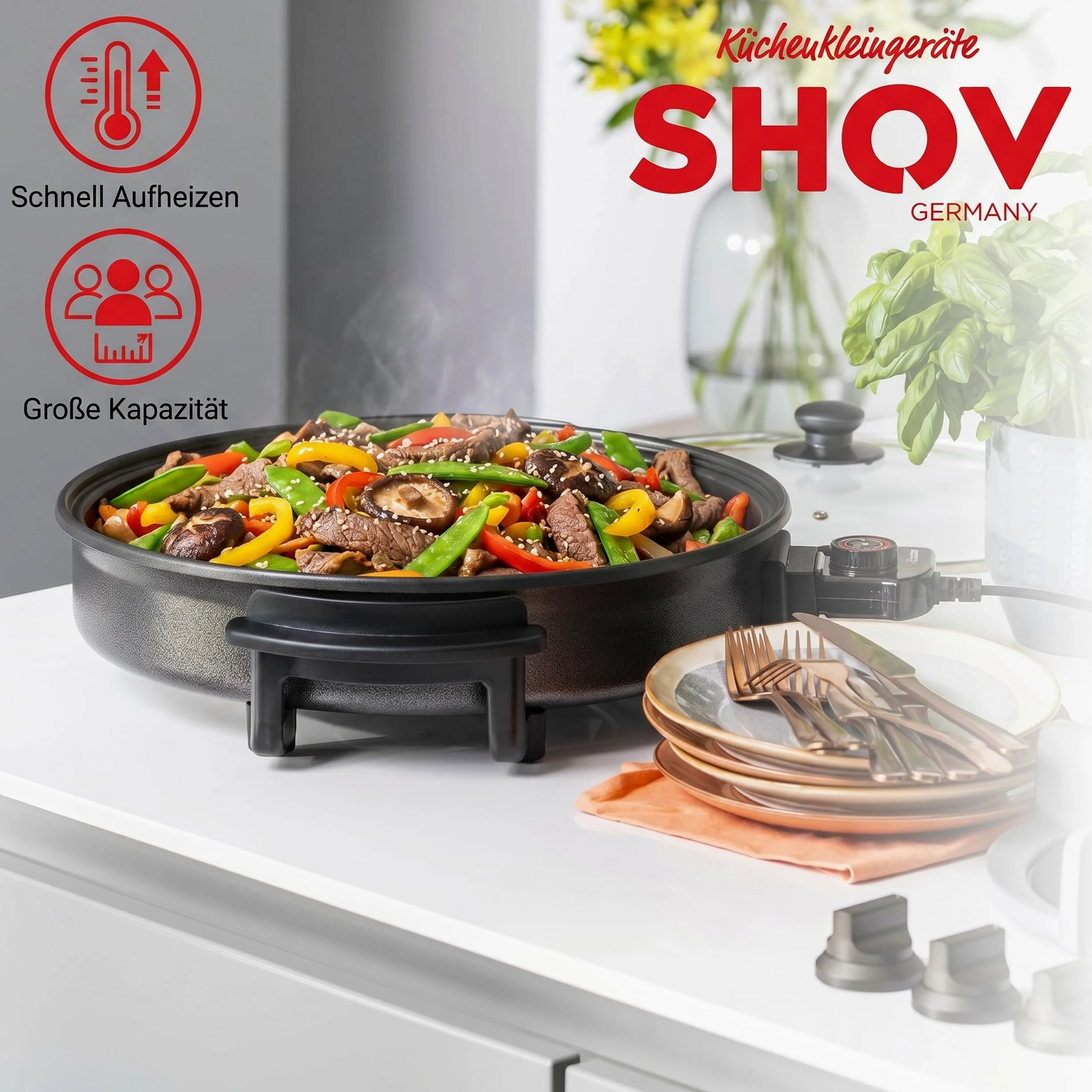 Shov Poêle à pizza électrique et cocotte multifonction, taille XL, 48 cm de diamètre, 7 cm de profondeur, avec revêtement antiadhésif et couvercle en verre, 1500 W, thermostat réglable pour pizza