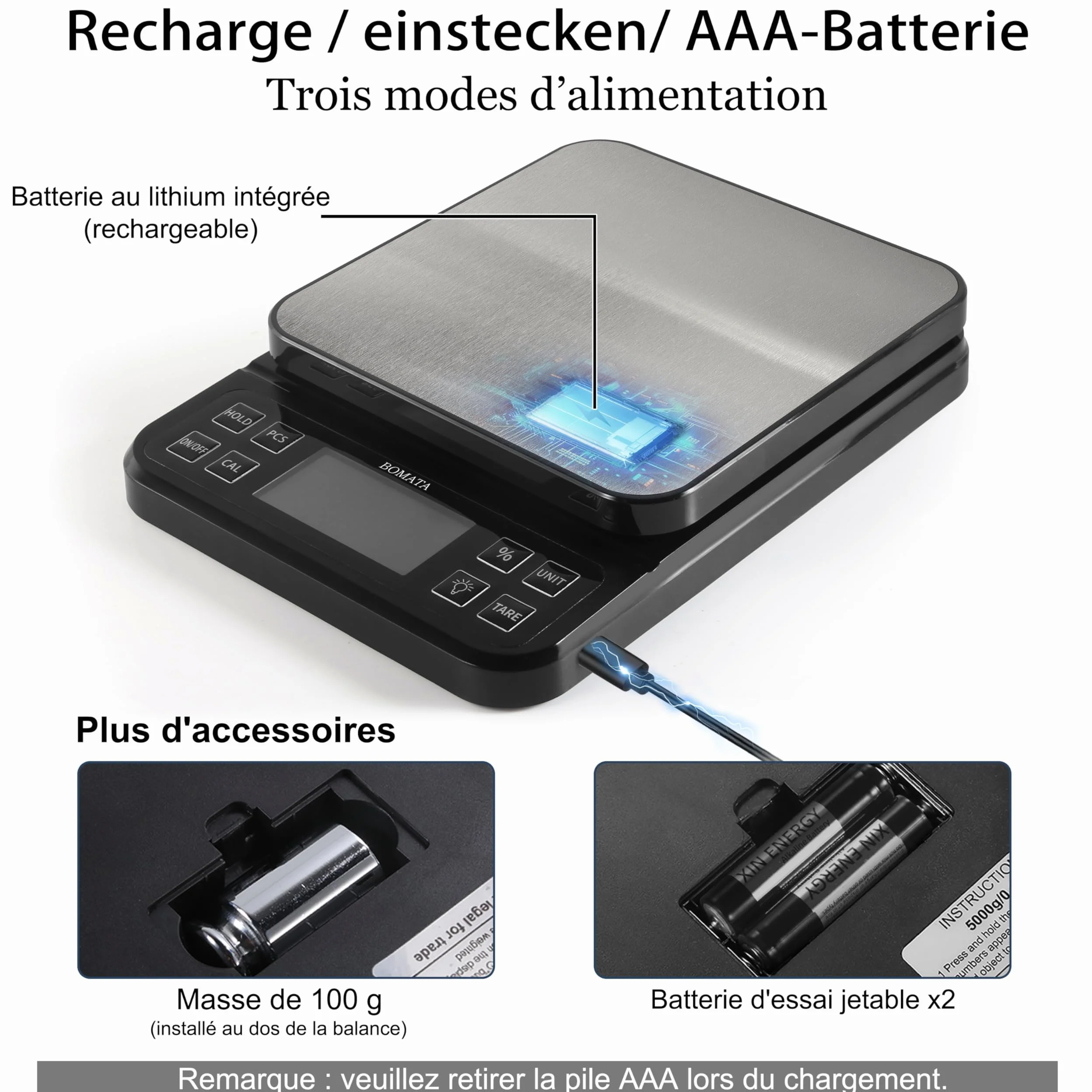 BOMATA Balance de cuisine grande taille, précision de 0,1 g, balance de boulangerie de 5 kg fonction pourcentage, rechargeable par USB, écran LCD à angle complet avec rétroéclairage, Noir et Argent