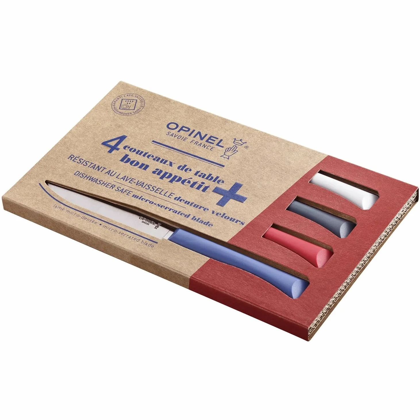 Opinel - Coffret 4 Couteaux de Table Bon Appétit+ Primo - Lame Denture Velours INOX - Manche Confort - Fabrication Française - Bleu, Rouge, Nuage, Anthracite