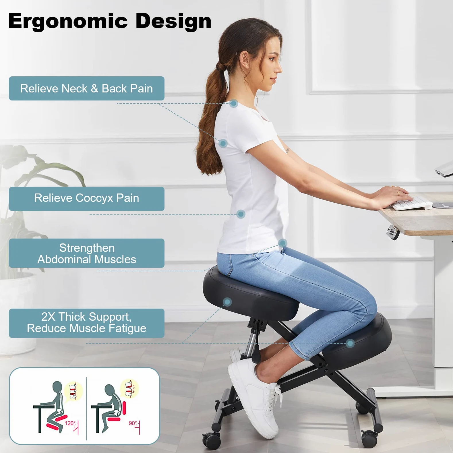 COOCHEER Chaise à Genoux de Bureau Ergonomique, Tabouret Genoux pour la Maison et Le Bureau, Chaise pour Ordinateur avec roulettes, Réglable Hauteur, Structure de Métal, Faux Cuir, Rembourrée