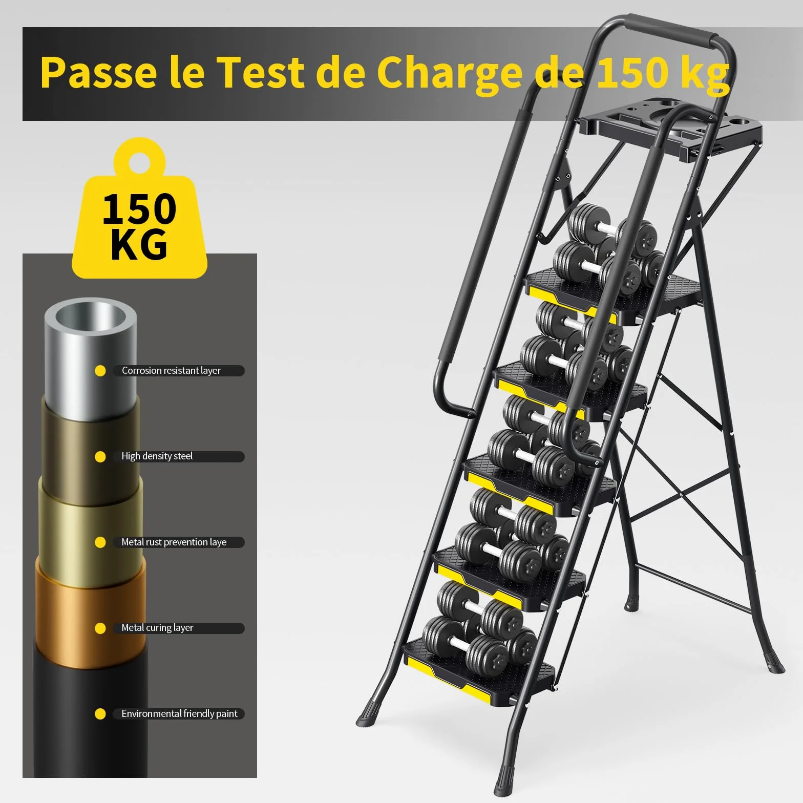 KINGRACK Escabeau 5 Marches avec Plateau à Outils et Large Pédale Antidérapante, Marche Pied Pliable avec Mains Courantes, Échelle Domestique pour Maison Cuisine Garde-Manger Placards et Bureau, Noir