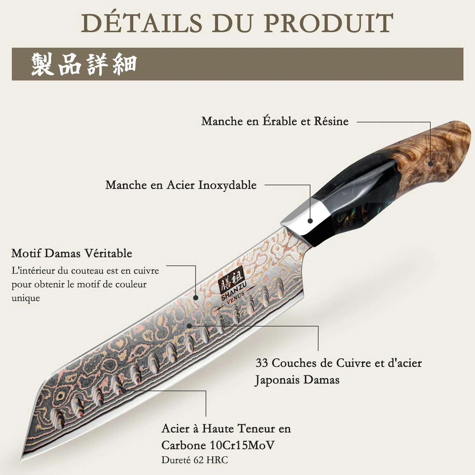SHAN ZU Couteaux Santoku Damas 18cm, Couteau de Cuisine en Cuivre et Acier Damas 33 Couches, Couteau Japonais Santoku Professionnel Forgé à la Main avec Manche en Bois d'érable - VENUS Series