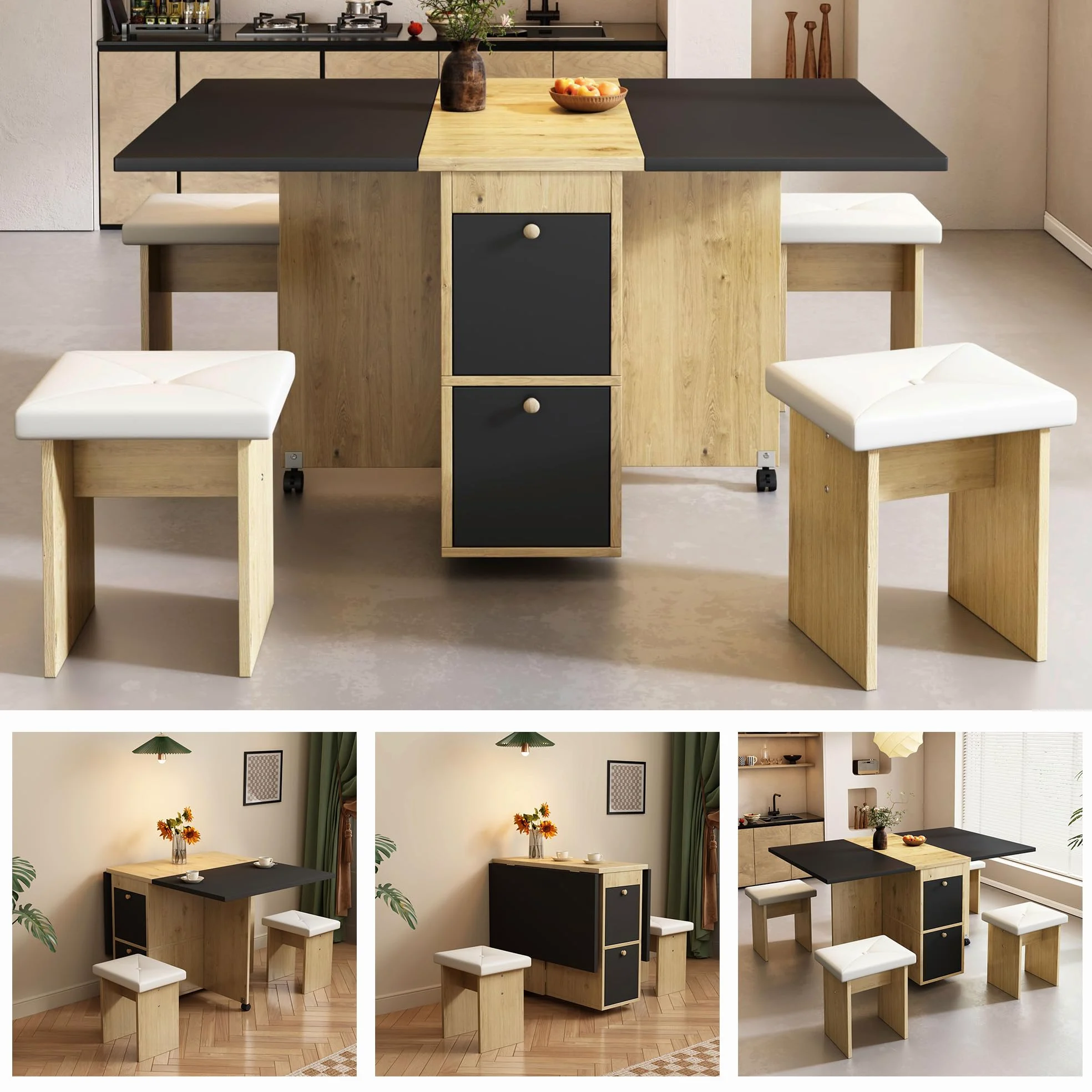 Sapgaks Table de salle à manger extensible 120 x 80 cm avec 4 chaises, pliable, en bois véritable, chêne