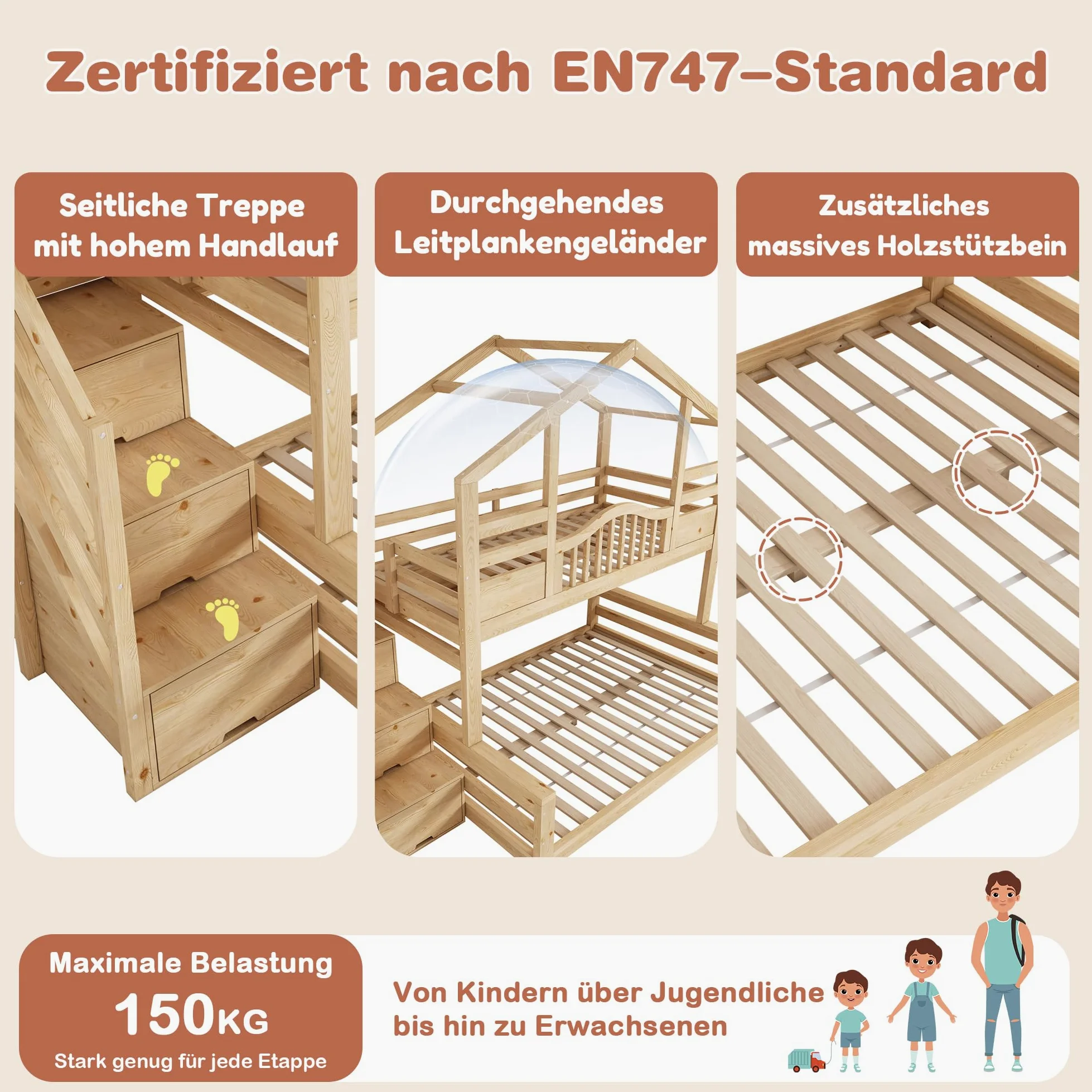 Lit Superposé en Bois pour Enfants 90x200 Et 140x200 Cm avec Rangements Hydrauliques, Escalier-BibliothèQue BarrièRes De SéCurité Et Port USB-C, Lit Familial DéCalé (Naturel, 254x145x206cm)
