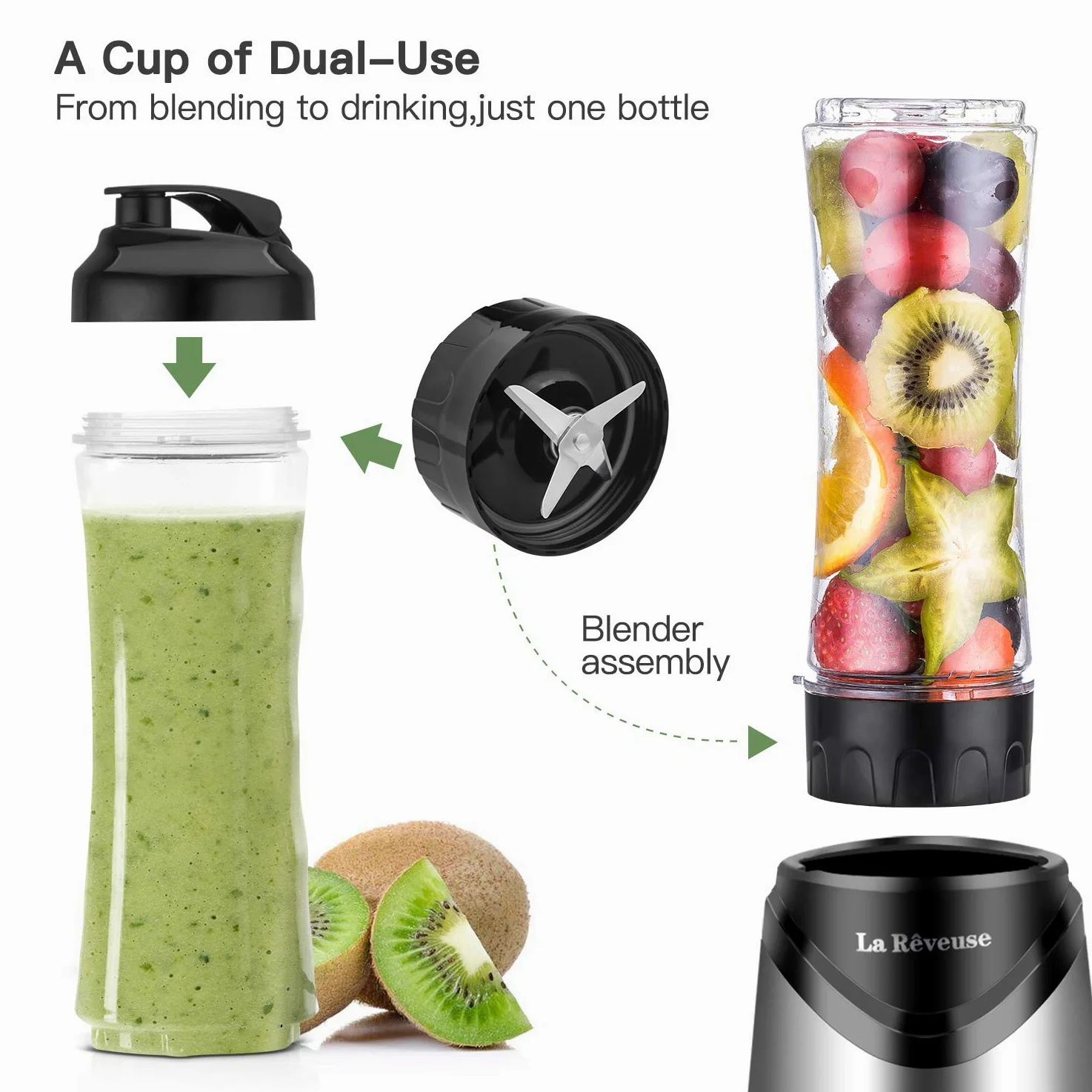 La Rêveuse Mixeur Blender avec 2 Bouteilles BPA-Free Portables de 550ml Mini Blender électrique Multifonctionnel pour Smoothie Milk-shake Fruits,Puissant 300W (Silver)