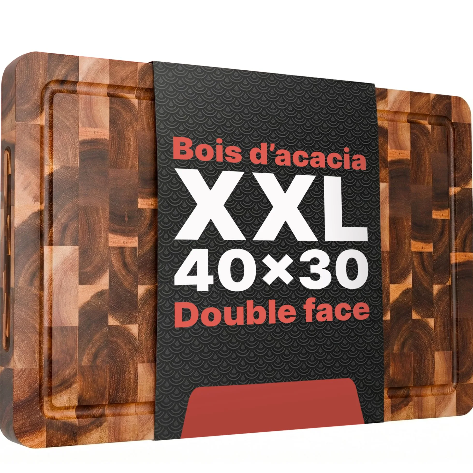 Matakumi Planche à Découper Bois - Planche de Cuisine en Bois d’Acacia avec Poignées Latérales, Rigole à Jus et Bois de Bout pour Préserver les Lames de Couteaux - Double Face (40 x 30 x 3 cm)