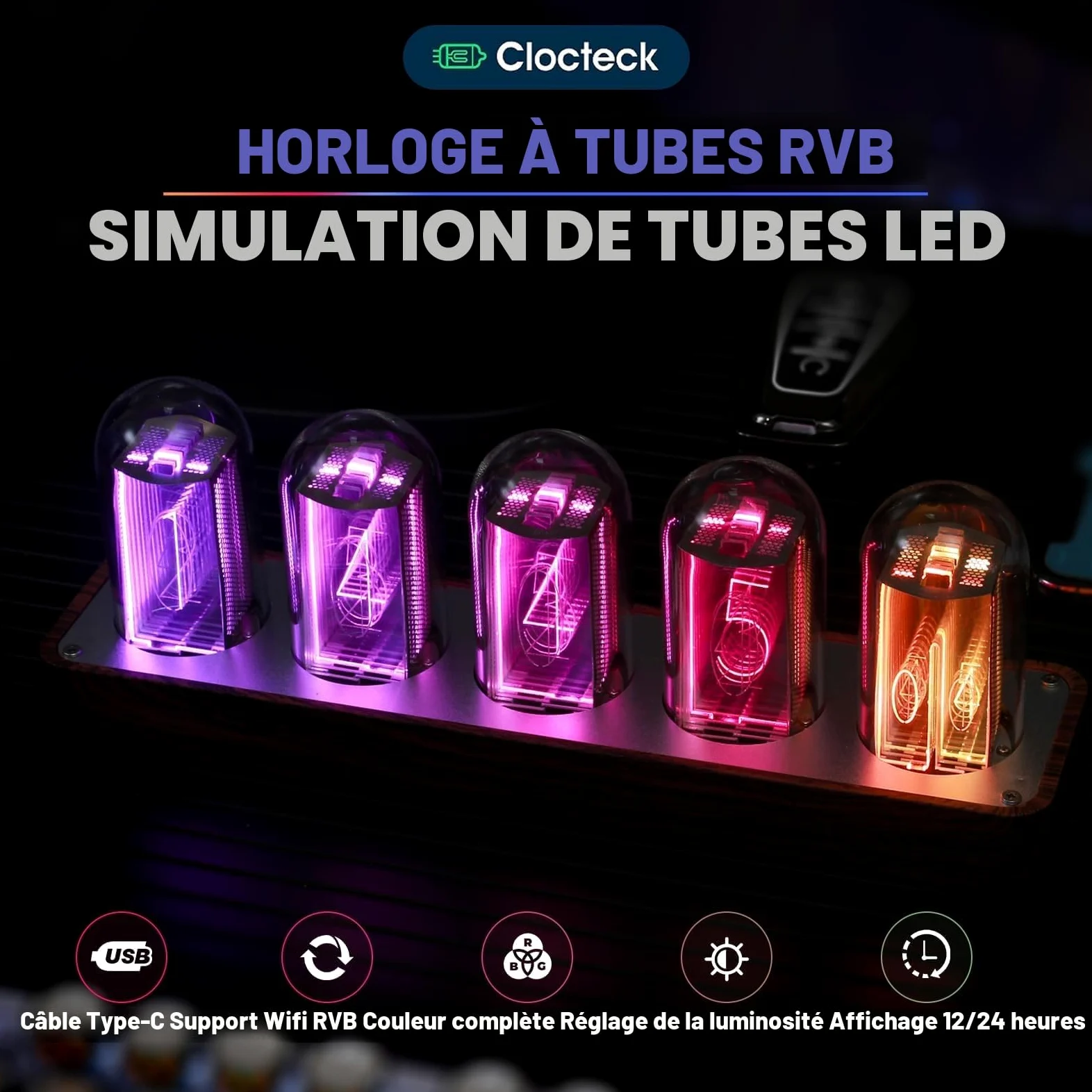 ClocTeck Horloge Nixie à tube numérique en bois Affichage 12/24h Alarme facilement réglable Décor pour bureau et chambre
