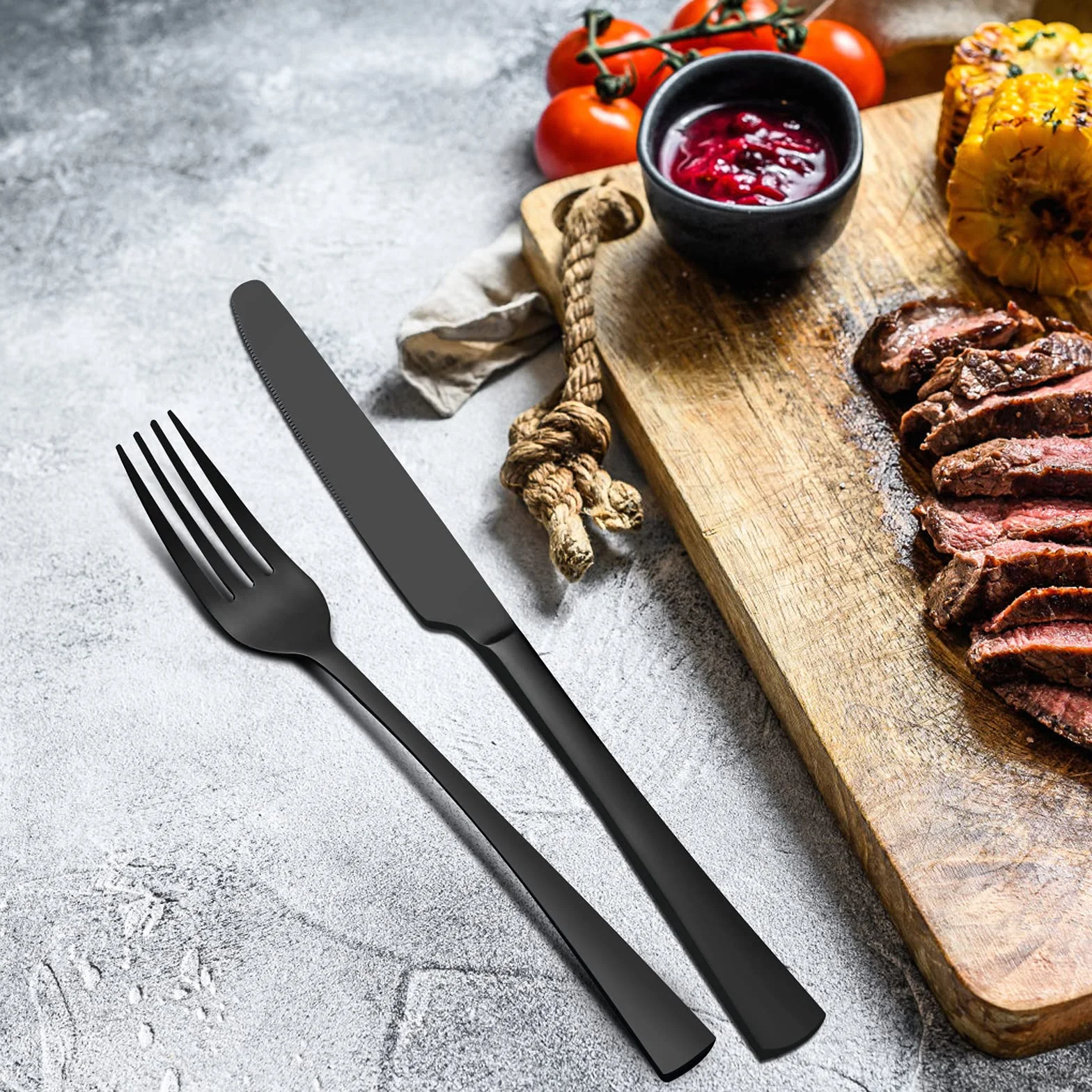 Bestdin set couverts de table noir 6 personnes, ensemble de couverts inox 24 pièces, Comprend des couteaux/fourchettes/cuillères, fini mat et lavable au lave-vaisselle, facile à nettoyer