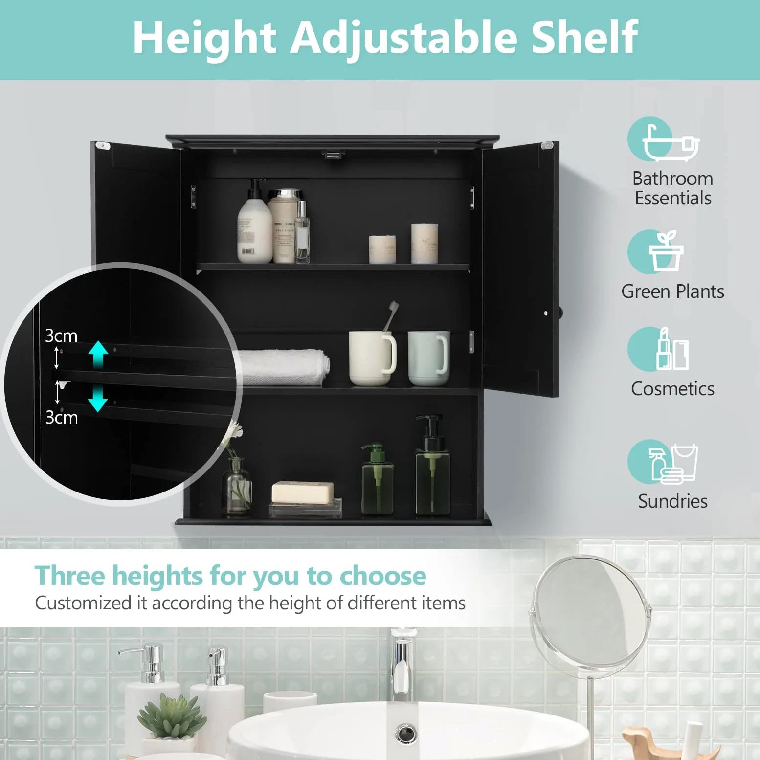 LIFEZEAL Armoire Murale Salle de Bain, Meuble Rangement Mural avec Etagère Réglable et 2 Portes, Placard de Rangement en Bois 60x20x70,5 CM, pour Cuisine, Salon, Chambre, Noir