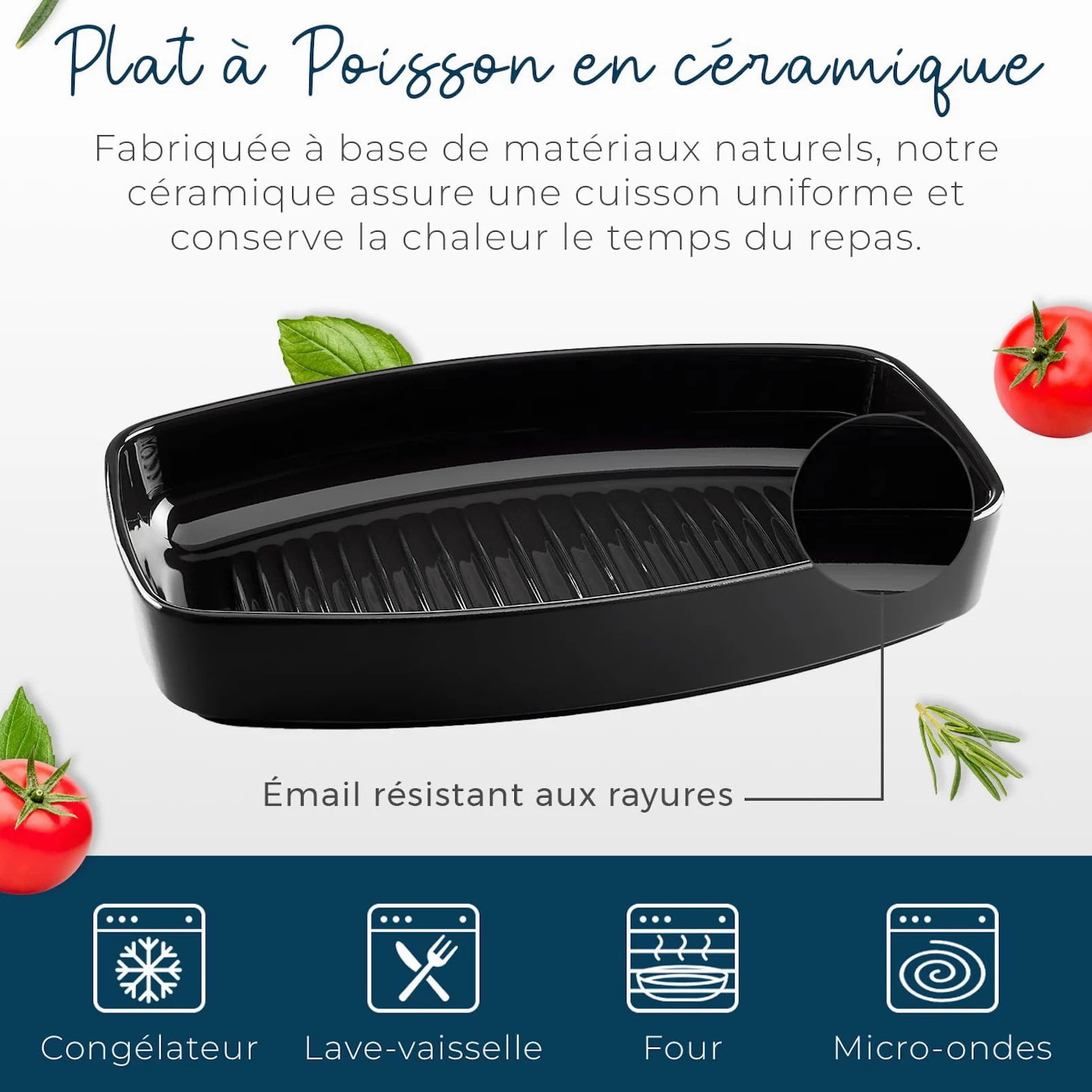 ESPRIT DE CUISINE - Plat À Four Poisson En Céramique - Cuisson Homogène - Émail Résistant Aux Rayures - Facile À Nettoyer - Made in France - 4,2L - 40x25x6,5cm Extérieur - Fusain Mat Noir