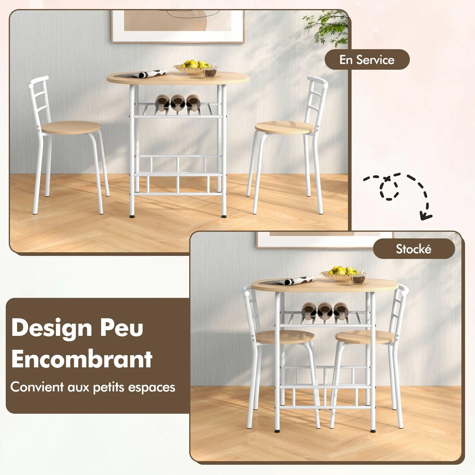 COSTWAY Table de Cuisine avec Chaise pour 2 Personnes, Table Cuisine Petit Espace avec Porte-Bouteilles, Table à Manger Ronde Cadre en Métal pour Bistro, Jardin, Balcon (Naturel)