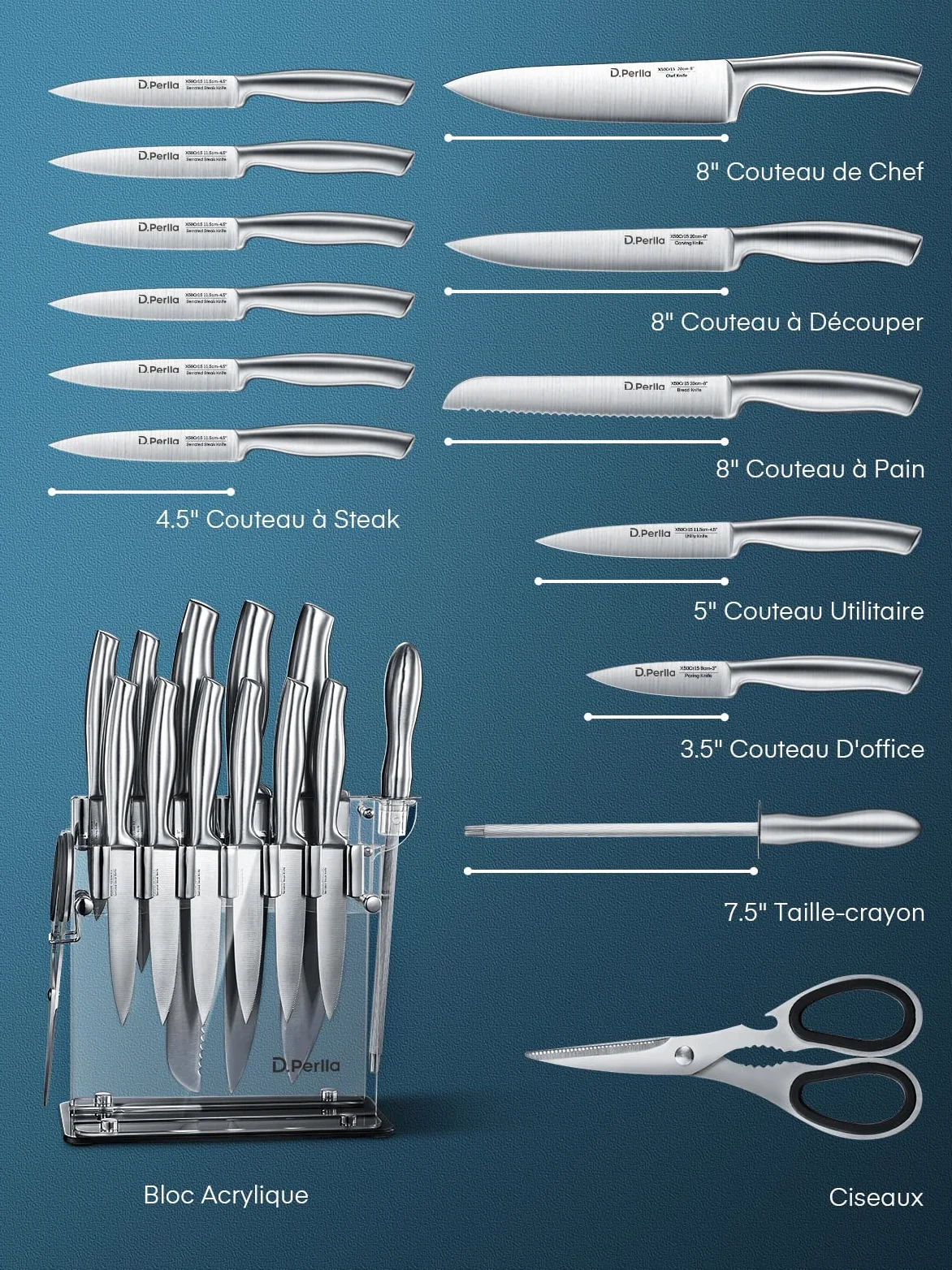 D.Perlla 14 Pièces Set de Couteaux de Cuisine, pour Chef Professionnel, Forgé à Partir D'acier Inoxydable à Haute Teneur en Carbone, Porte Couteau en Acrylique