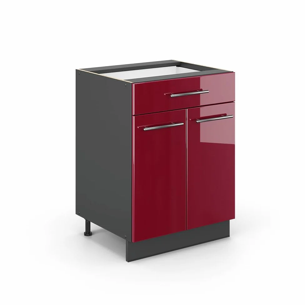 Vicco Meuble Cuisine Fame-Line, Rouge Bordeaux Haute Brillance, 60cm avec tiroir, sans PT, à Combiner avec d'autres modules de la série Fame-Line
