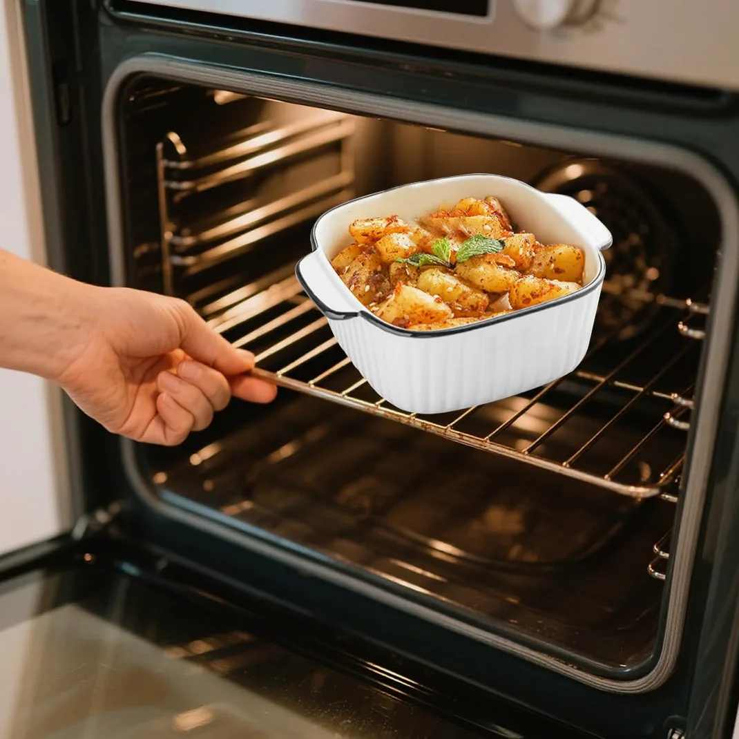 Lot de 4 plats à gratin carrés en céramique - 14,5 x 11,5 x 5,5 cm - Avec poignées - Empilables - Pour friteuse, four et micro-ondes - 400 ml