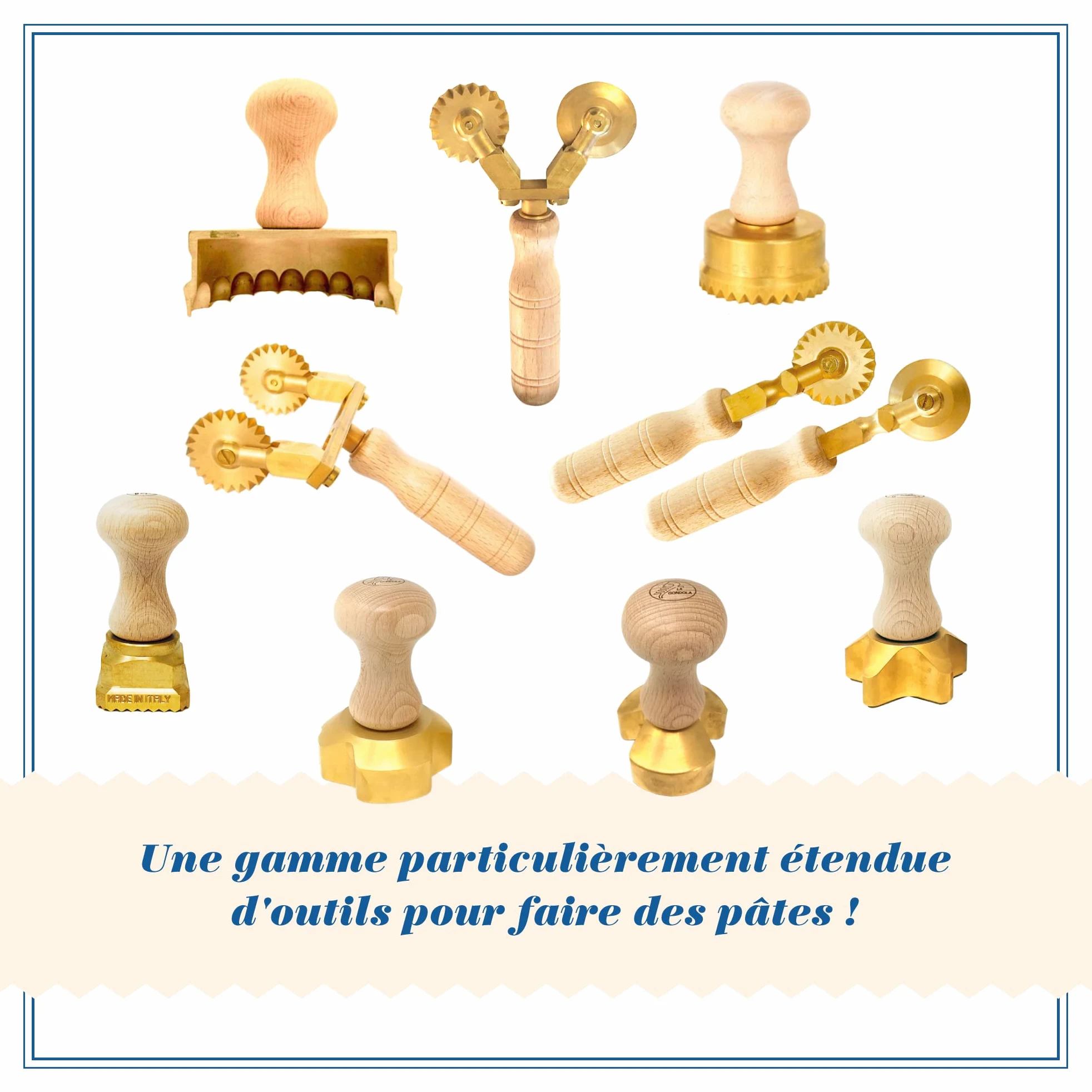 La Gondola Roulette Coupe-Pâtes - Double Roue (Décorée & Lisse) | Outil de Préparation des Pâtes | Laiton & Bois Naturel Roulette Découpe | Sûr et Facile | Roulette à Ravioli Fabriqué en Italie