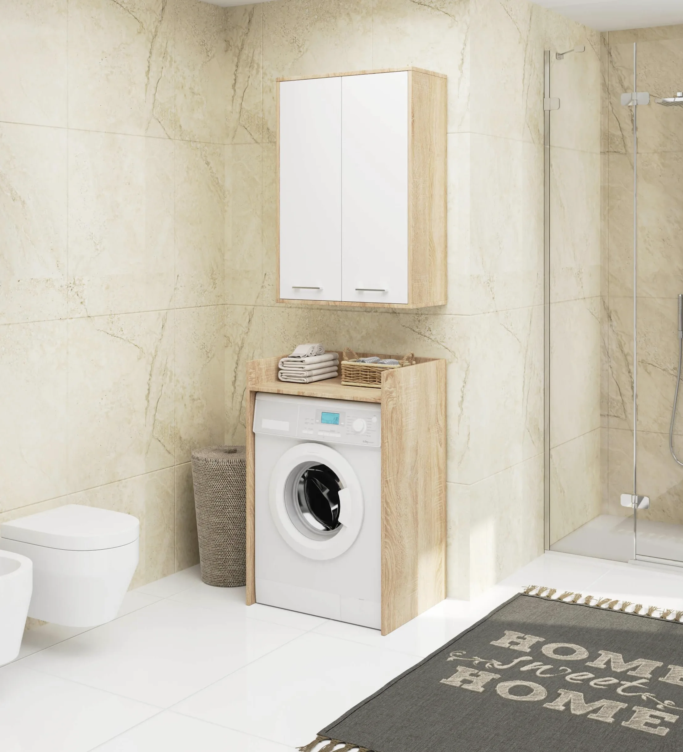 AKORD Meuble Salle de Bain Suspendu Fin 64 cm - 2 Portes, 4 Étagères - Armoire Murale 64x94x30 cm - Meuble Haut WC - Compact, Moderne - Idéal pour Petits Espaces - Chêne de Sonoma & Blanc