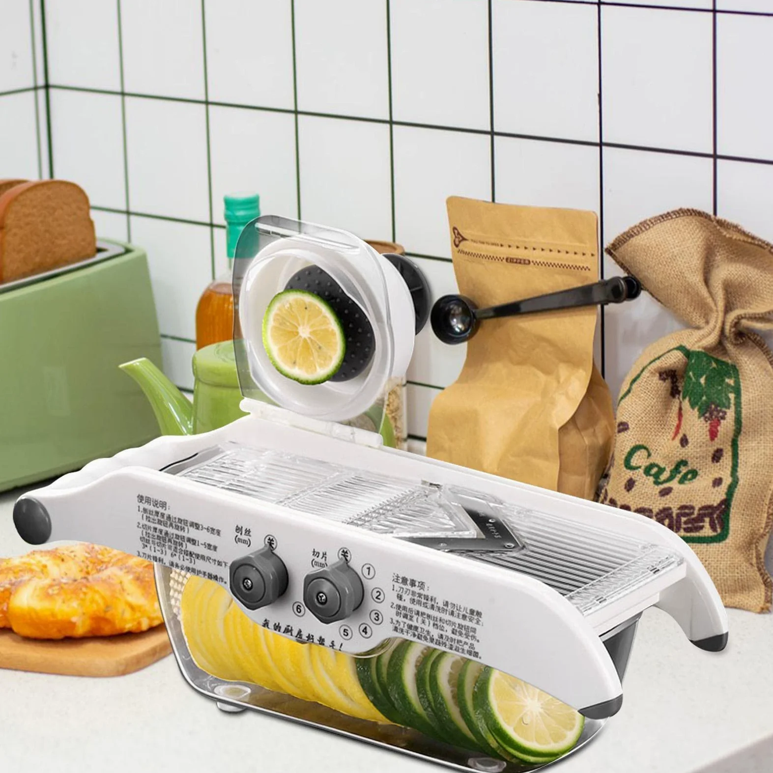 Trancheuse à citron – Trancheuse manuelle pour légumes et fruits avec récipient, épaisseur réglable, machine à trancher pour terre, citron, lingjiong