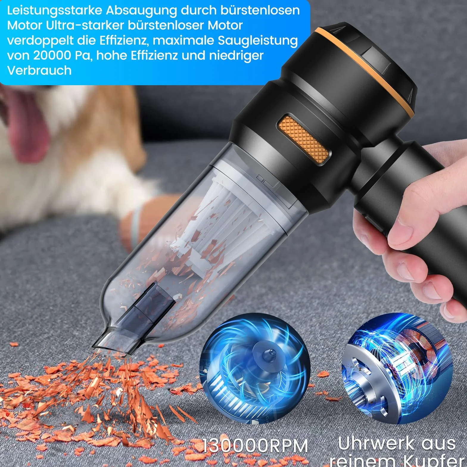 HOVIN Aspirateur Voiture Puissant sans Fil - 20000PA Aspirateur A Main, Mini Aspirateurs Voiture,3 Vitesses Aspirateurs Souffleur Voiture,Peut êTre Utilisé comme Gonfleur Electrique,6000mah (Noir-Or)