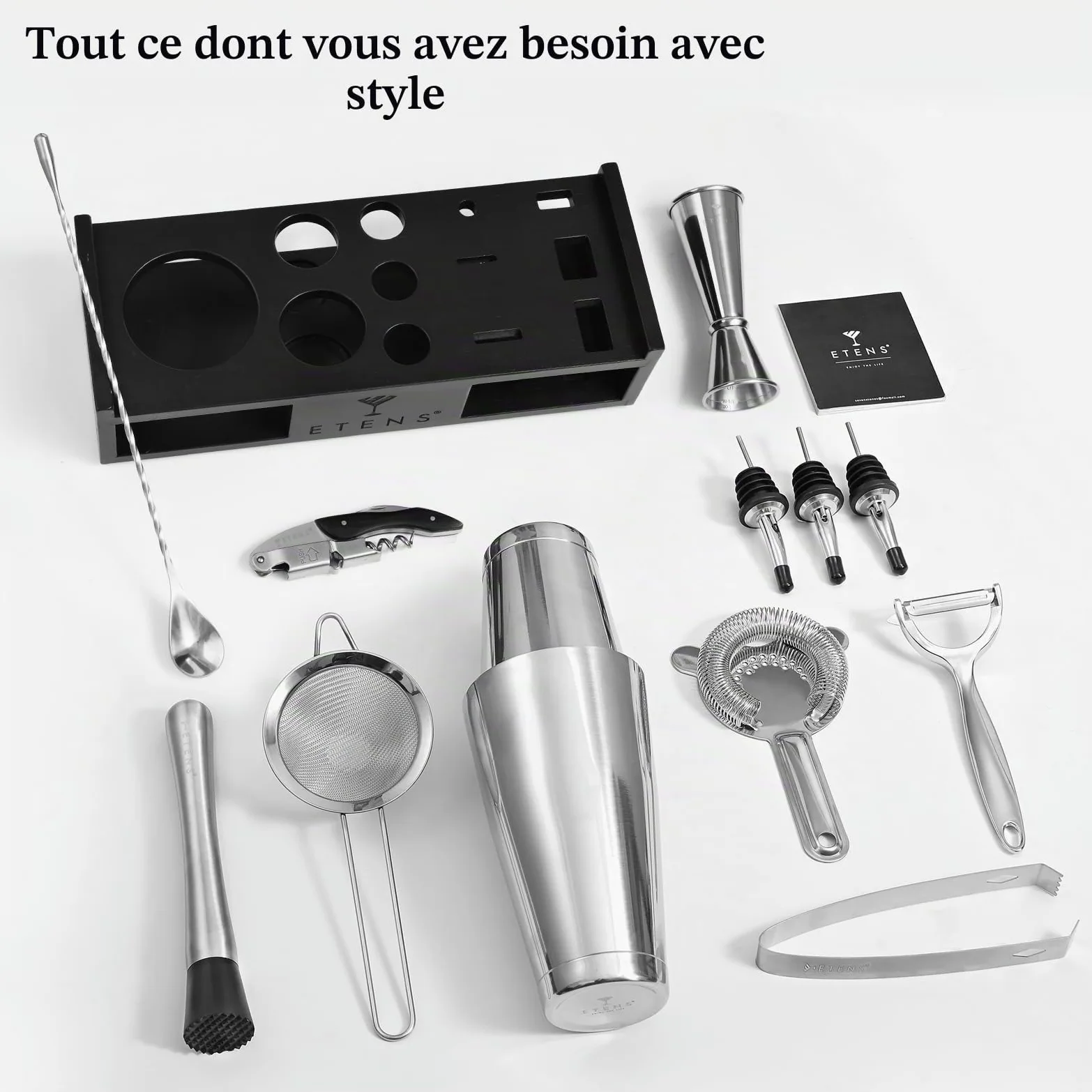 ETENS Ensemble Shaker à Cocktail - Accessoires de Bar - 15 pièces Mixology Barman Comprenant Un Shaker Boston, Un doseur Japonais, Une passoire, Un décapsuleur, Une cuillère à mélanger à Cocktail