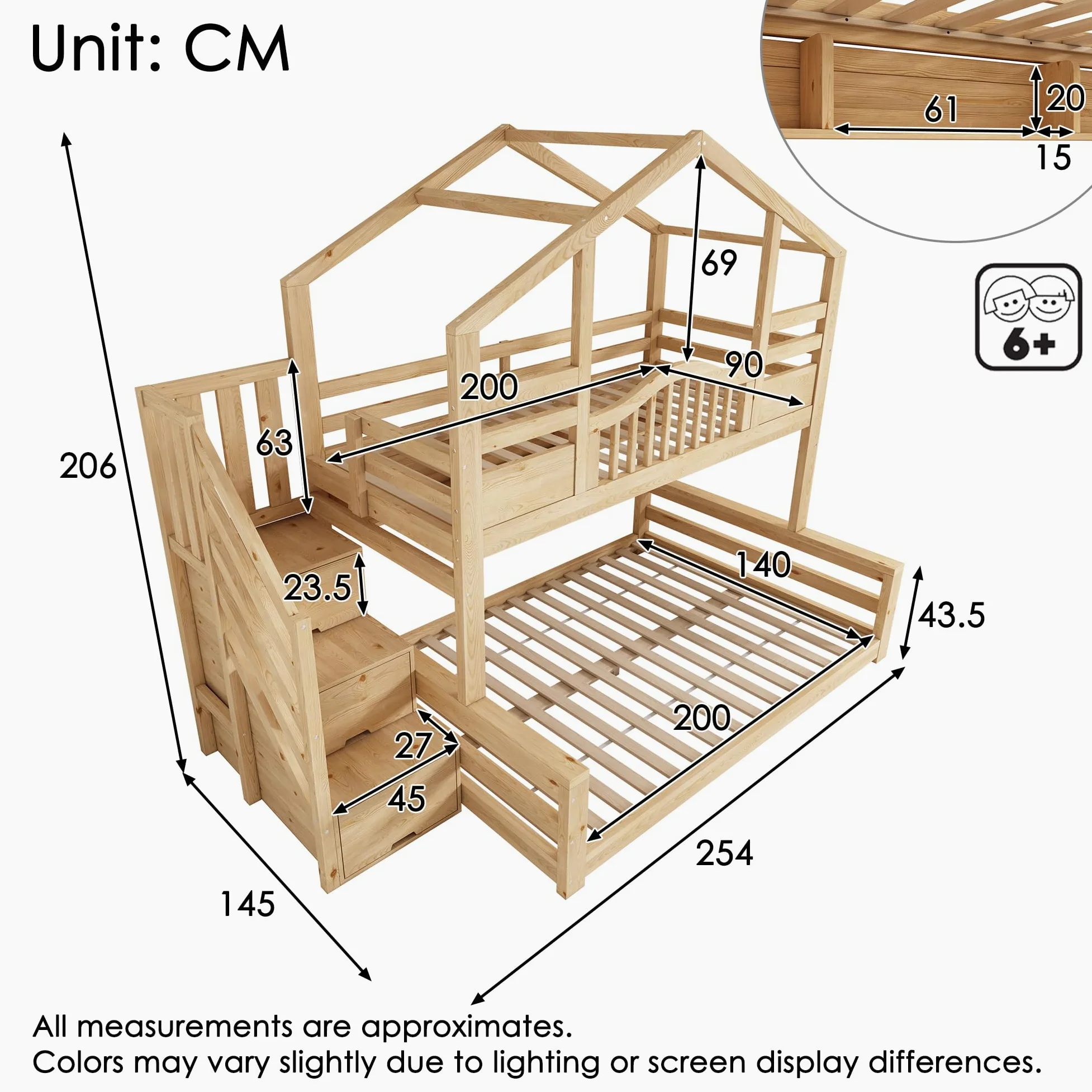 Lit Superposé Enfant avec escalier de rangement et étagères, Lit Enfant multifonctionnel avec 90x200 partie supérieure et 140x200 partie inférieure, en bois naturel Beige Clair Naturel (Sans Matelas)
