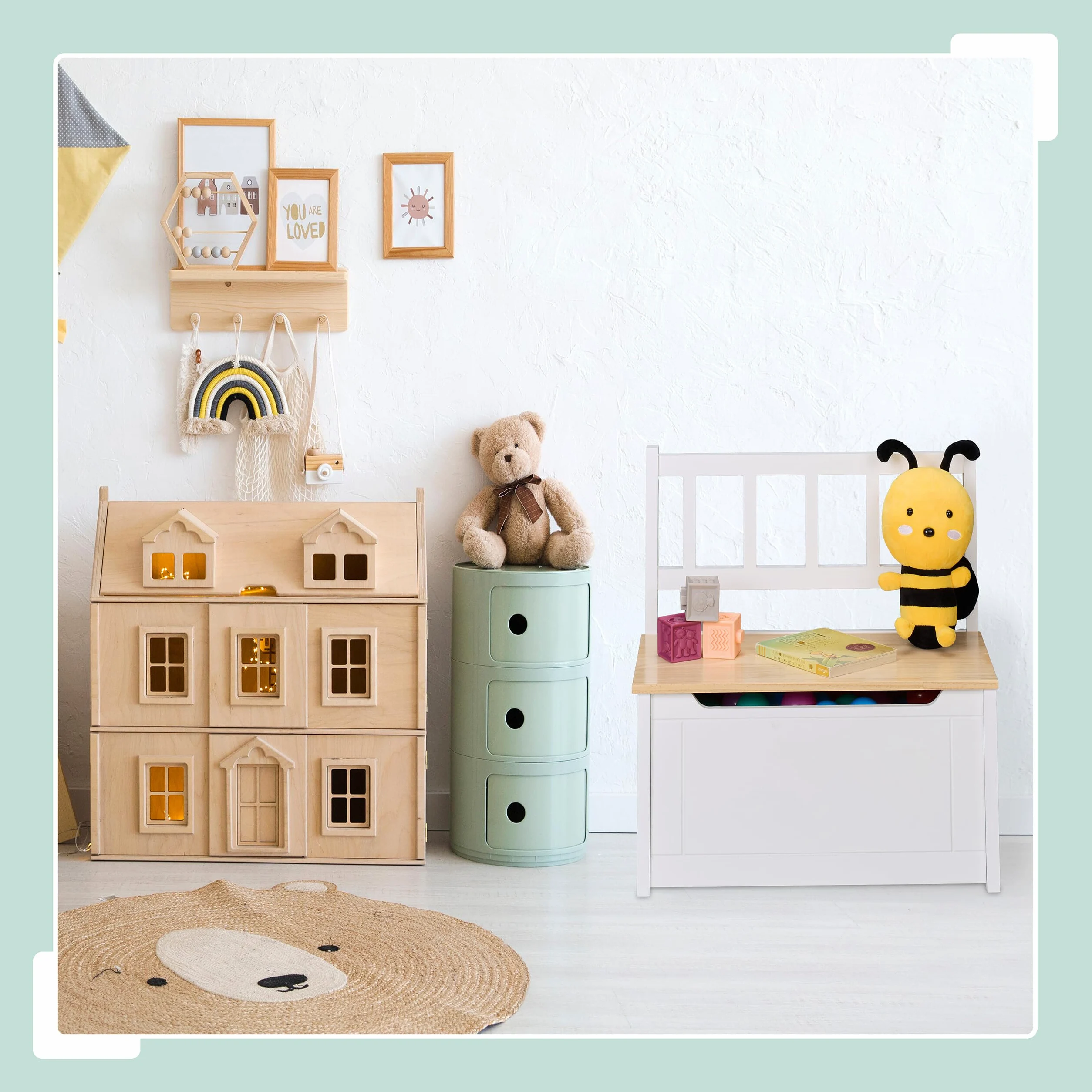 Relaxdays Banc de Rangement pour Votre Enfant, Couvercle Pratique, H x L x P : 55 x 57 x 31 cm, Blanc et Nature