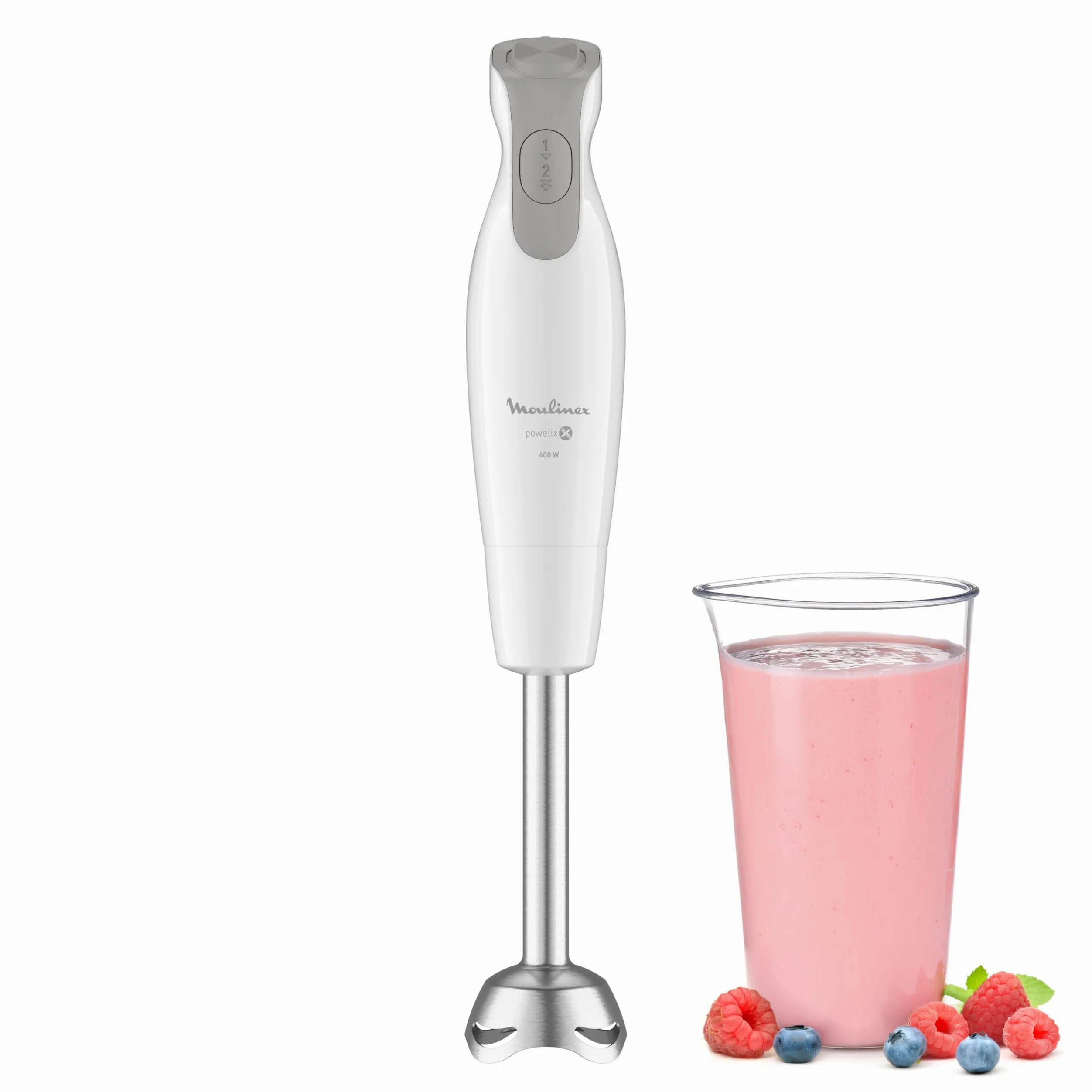 Moulinex Mixeur plongeant, 600 W, 2 vitesses, Poignée ergonomique, Pied antiéclaboussures inox, Compatible lave-vaisselle, 4 lames technologie Powelix, Daily Chef Blanc DD551110