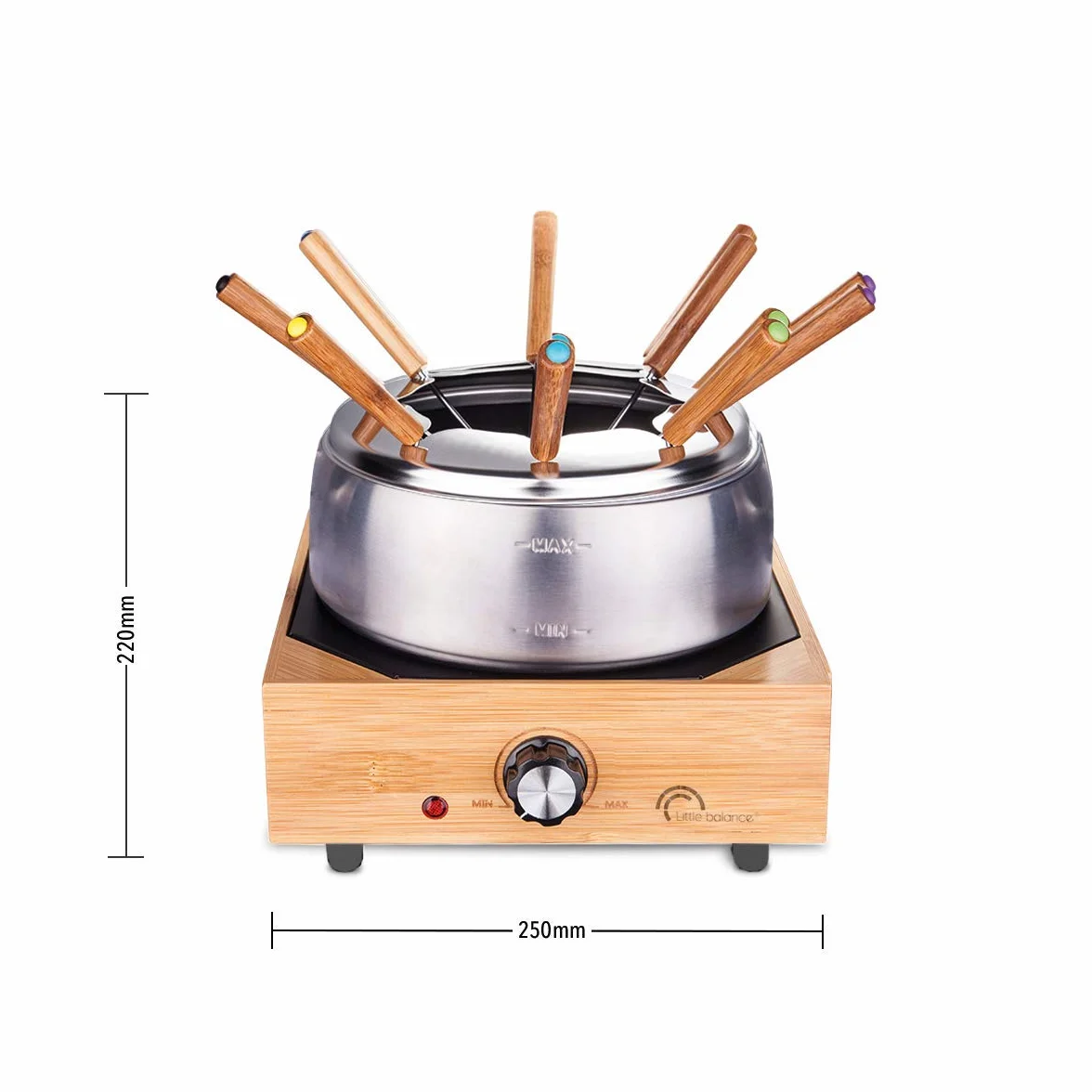 LITTLE BALANCE 8320 Wood Fondue 8 Inox - Appareil à fondue 8 personnes - Caquelon Inox anti-adhésif grande contenance 2 litres - Puissance 800 W - Finition Bambou véritable