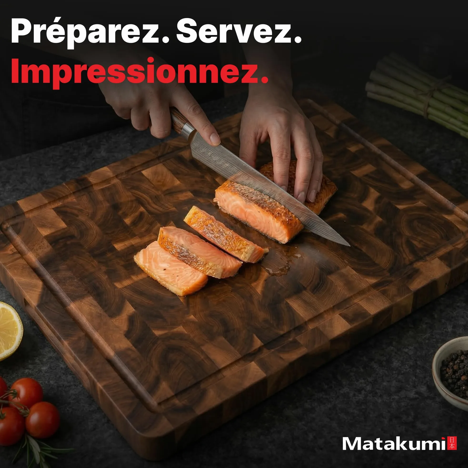 Matakumi Planche à Découper Bois - Planche de Cuisine en Bois d’Acacia avec Poignées Latérales, Rigole à Jus et Bois de Bout pour Préserver les Lames de Couteaux - Double Face (40 x 30 x 3 cm)