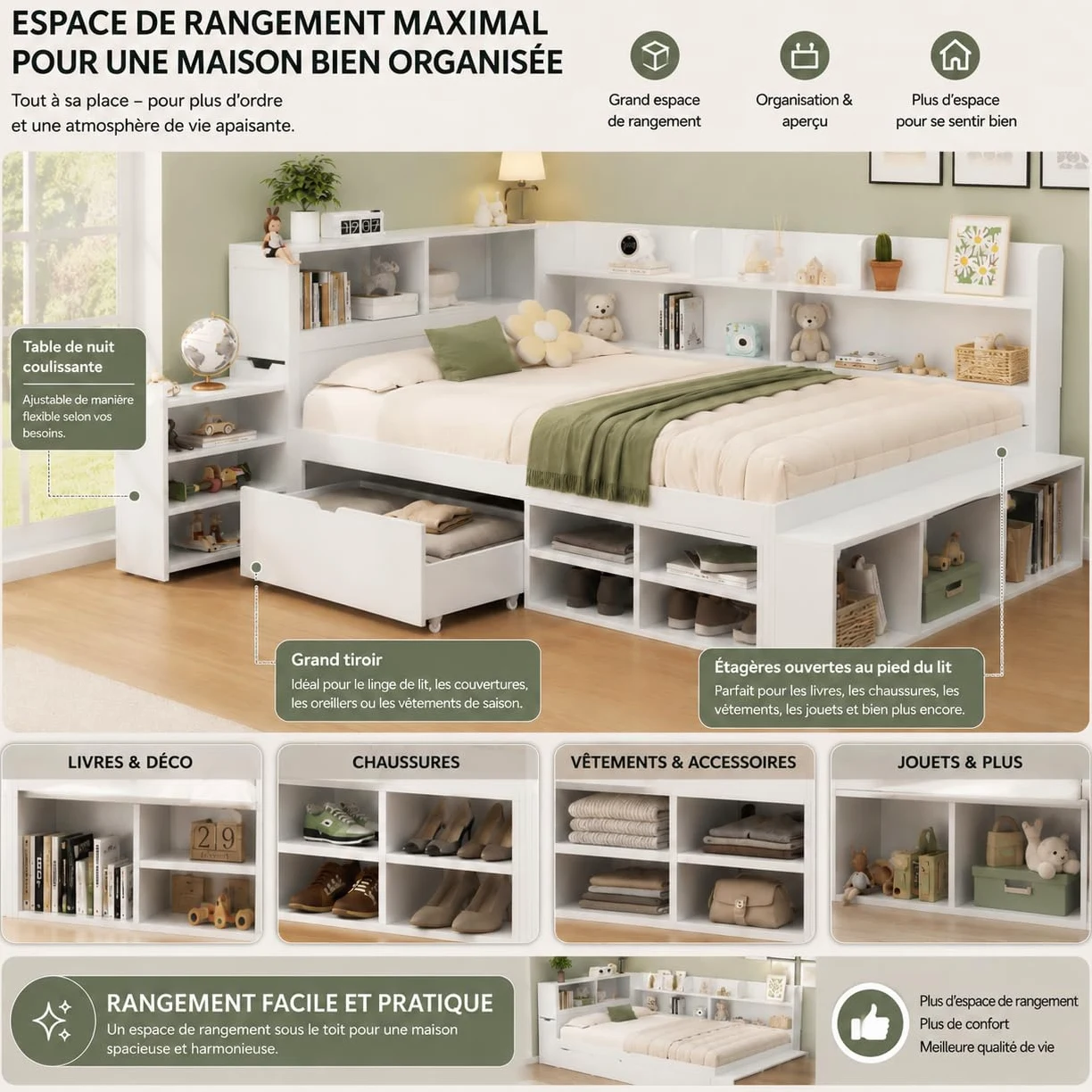 Lit Enfant 140x200 cm avec Rangement, Cadre de Lit Enfant Multifonctionnel avec Tiroirs, Bibliothèque Intégrée et Casier de Rangement, Structure en Métal avec Sommier à Lattes, Blanc