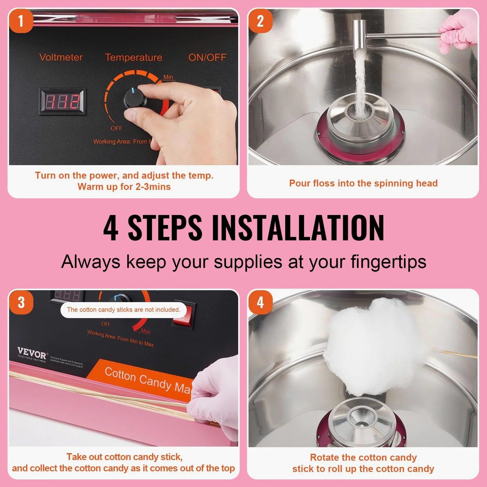 VEVOR Machine à barbe à papa électrique, 1000W, appareil à barbe à papa commercial avec bol en acier inoxydable et cuillère à sucre, parfait pour maison, anniversaire d'enfant, fête de famille (rose)