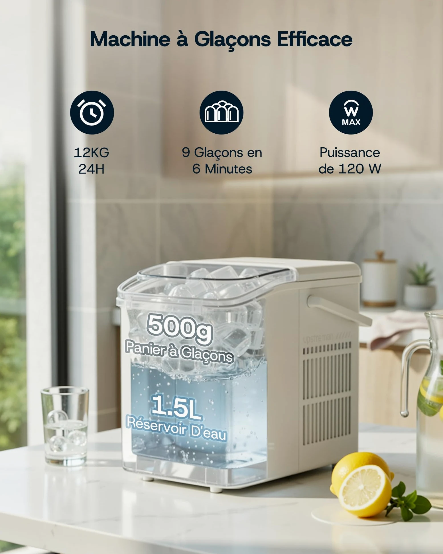 Upstreman Machine à Glaçons,9 Glacons en 6-8 Min,12kg/24h,2 Tailles de Glaçons,1,5L,Autonettoyante,Machine a Glace Portable pour Maison,Cuisine,Camping,Blanc,BI12