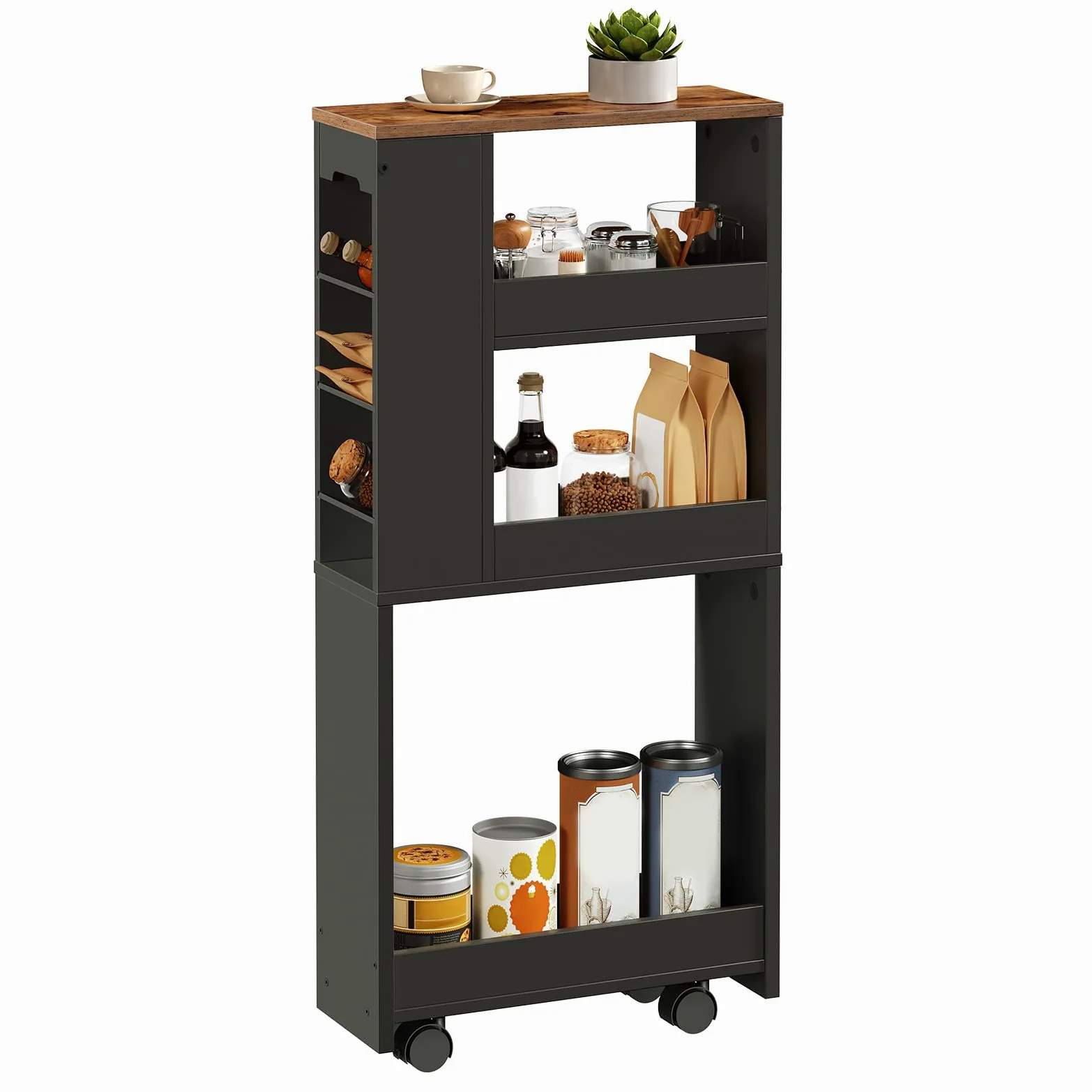 HOOBRO Chariot à 4 Niveaux, 40 x 15 x 85,5 cm, Chariot de Service Étroit avec 4 Roues Pivotantes Verrouillables, pour Petits Espaces, Cuisine, Salle de Bains, Salon, Noir et Marron Rustique EBF84TC01