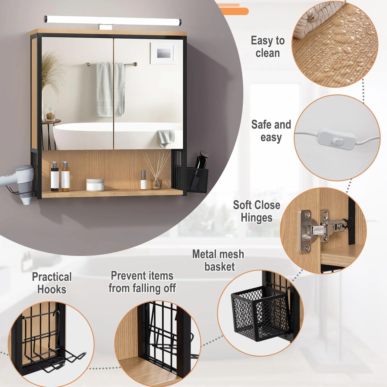EUGAD Armoire Murale Salle de Bain avec Miroir et LED, Meuble Salle de Bain, Armoire de Toilette, avec Étagère Réglable, Support Sèche-Cheveux, Chêne +Noir