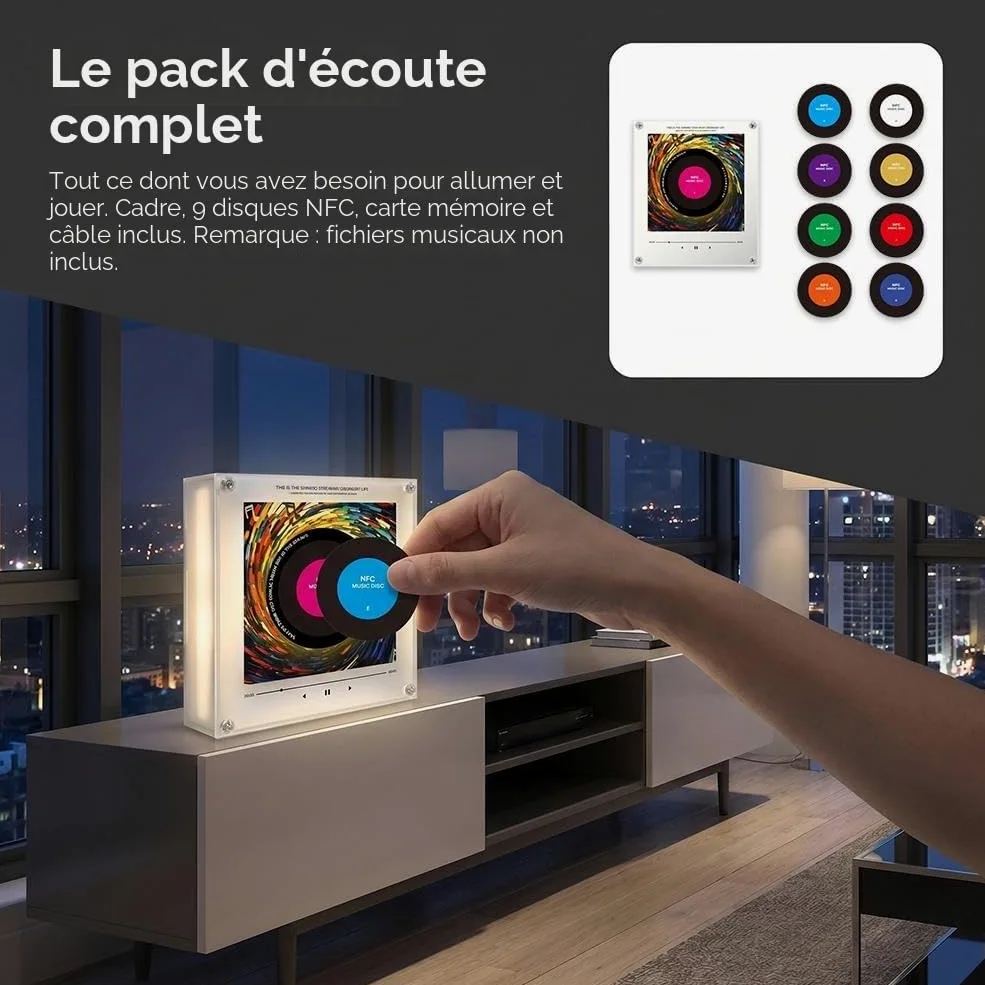 Autocollants magnétiques pour réfrigérateur NFC à induction chantante, lecteur de disques vinyles rotatif intelligent mini jukebox, pack de 9 autocollants audio programmables avec lumière