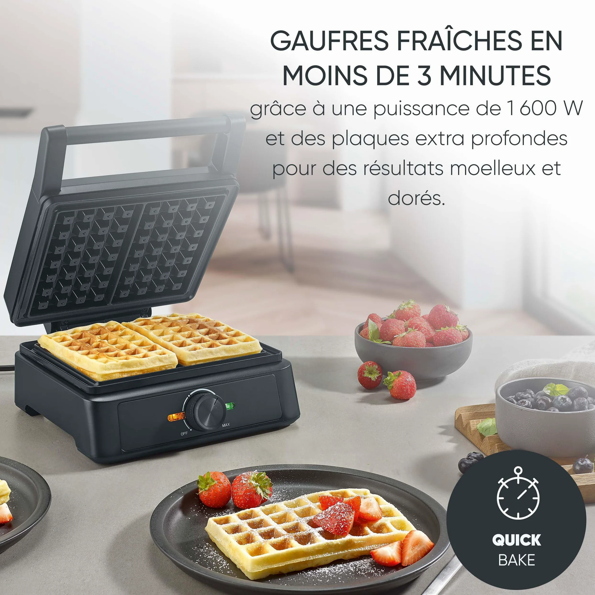 SEVERIN Gaufrier 1 600 W, Appareil à gaufres au revêtement antiadhésif pour gaufres belges moelleuses et croustillantes, Machine à gaufre sans PFAS au design compact, Noir, WA 2130