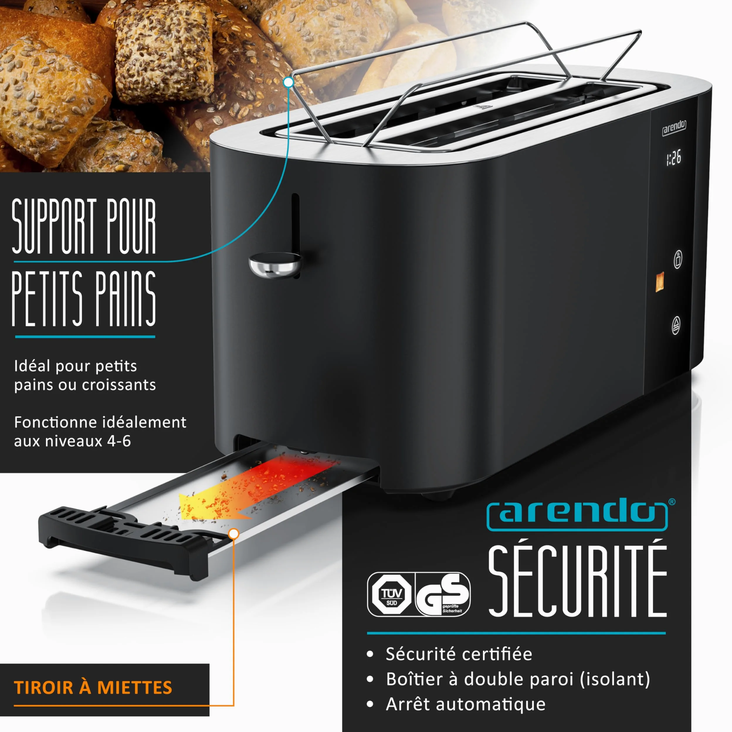 Arendo - Grille-pain Fentes longues Tranches Toaster Arendo Affichage couleur des niveaux de brunissage, Écran avec minuterie, Commandes tactiles, Réchauffe-Viennoiseries Niveaux de brunissage 1 à 6
