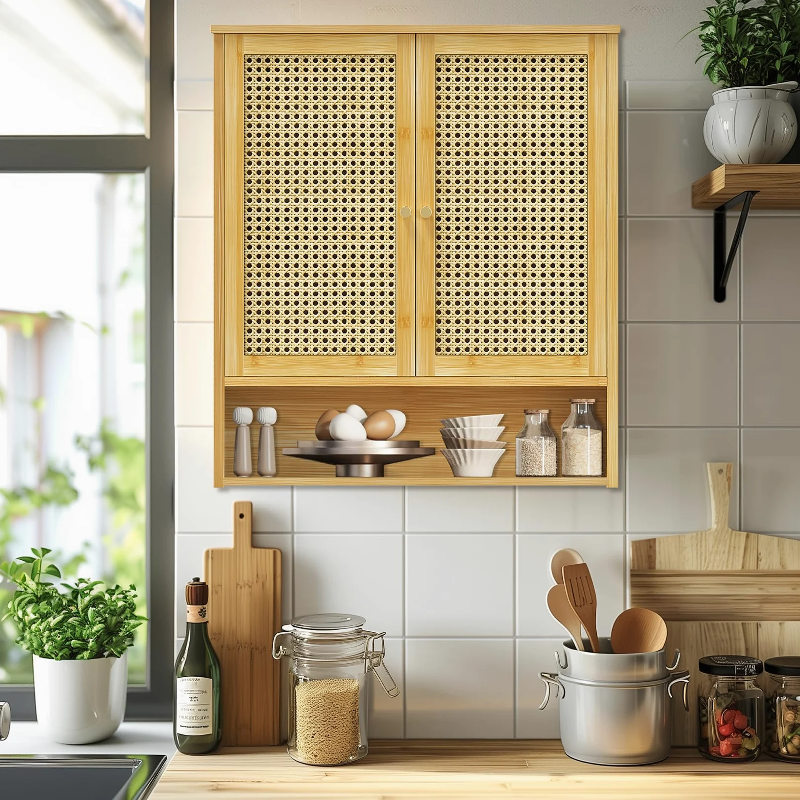 unho Meuble Salle de Bain en Bambou: Armoire WC Mural Rangement de Toilette Suspendu Placard Mural avec Étagère Hauteur Réglable - 59x20.5x66.5cm