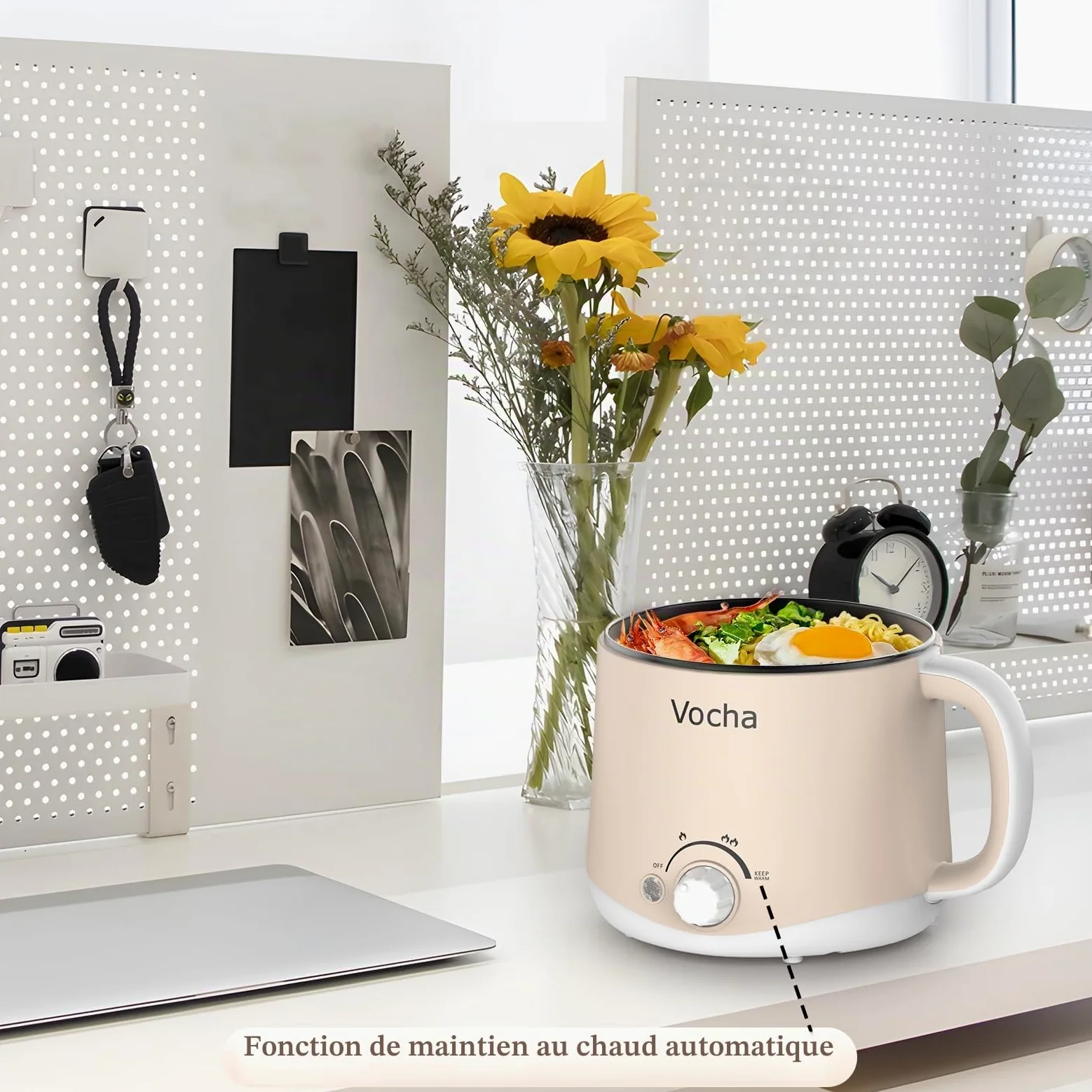 Vocha Marmite électrique avec fonction de maintien au chaud, poêle électrique anti-adhésive de 1,6 L, cuiseur de voyage portable, multicuiseur pour pâtes, nouilles, soupes, œufs durs, légumes (beige)