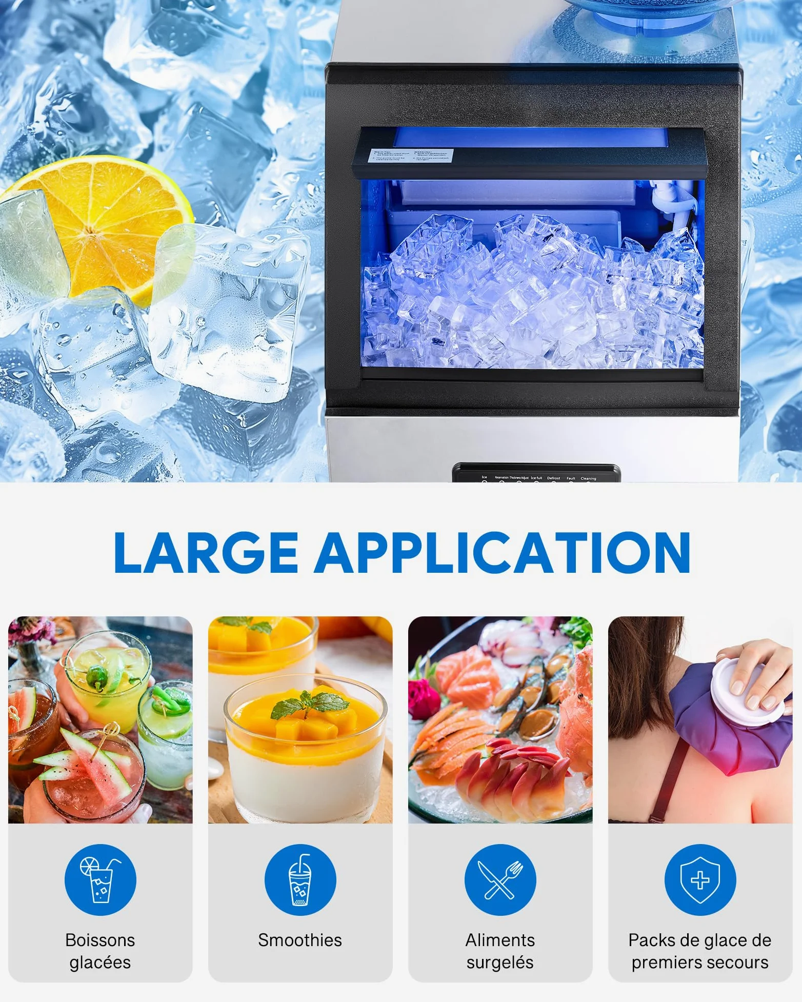 CREWORKS Machine à Glaçons Commerciale 480W 73kg/24h Ice Maker Professionnel 45 Pièces Écran LCD Storage de 10kg pour Maison Bureau Restaurant Bar Café