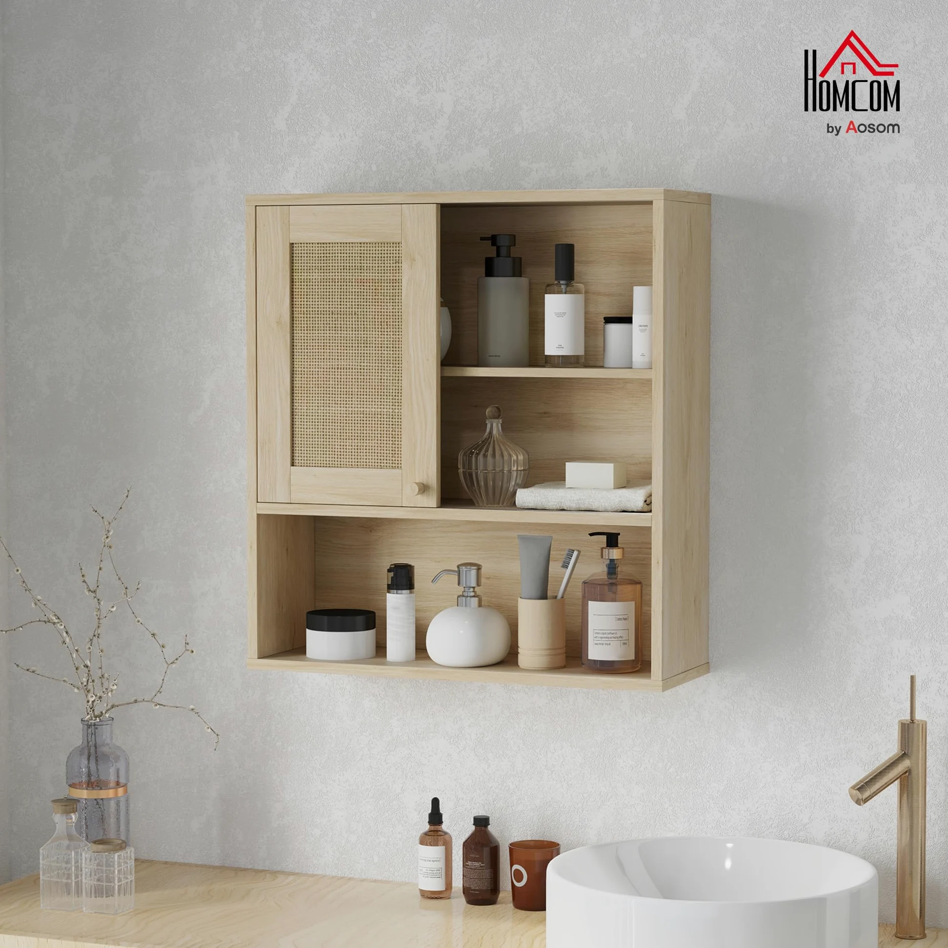 HOMCOM Armoire murale, meuble haut salle de bain avec porte coulissante en rotin et étagères ouvertes, meuble de salle de bain style bohème, meuble de rangement suspendu, 60 x 20 x 65 cm, bois naturel