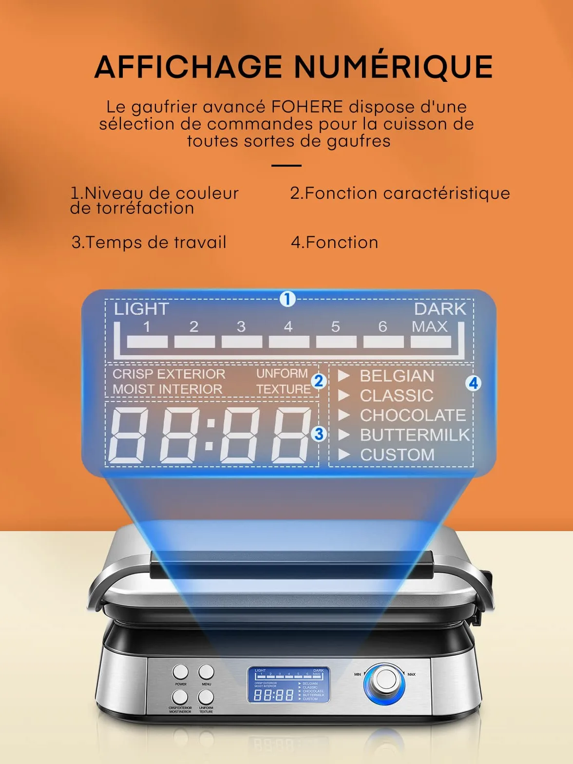 Gaufrier Gaufre Belge, Gaufrier Double Intelligent Pro Avec Affichage Led, 2 Tranches, 5 Programmes DifféRents, 7 Niveaux De Brunissage, Acier Inoxydable (Argent)