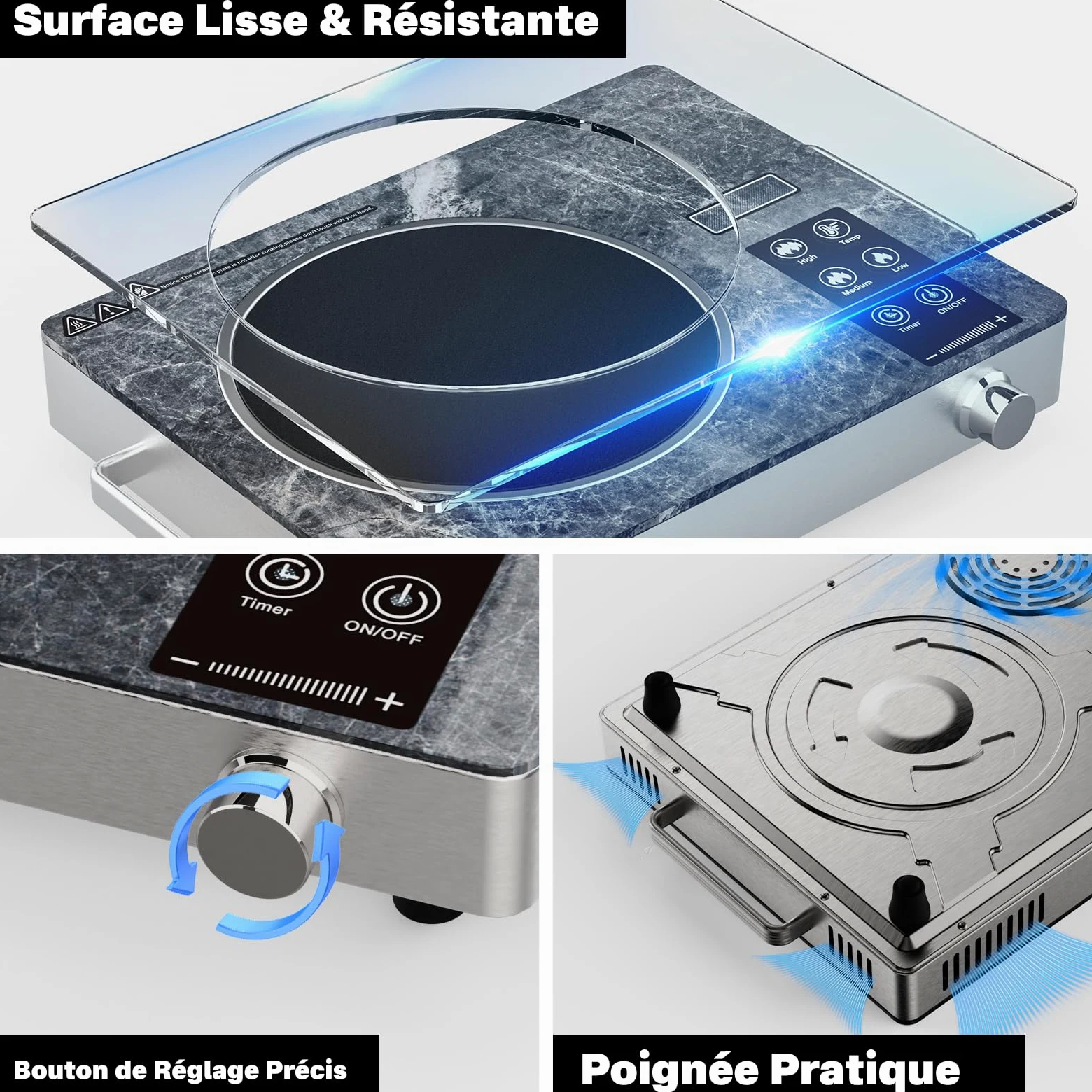Plaque de Cuisson Électrique 1 Feu, Plaque Vitrocéramique Infrarouge Portable avec Commande Tactile et Bouton Rotatif, Réglage de Température pour Cuisine & Camping, Single-Marble