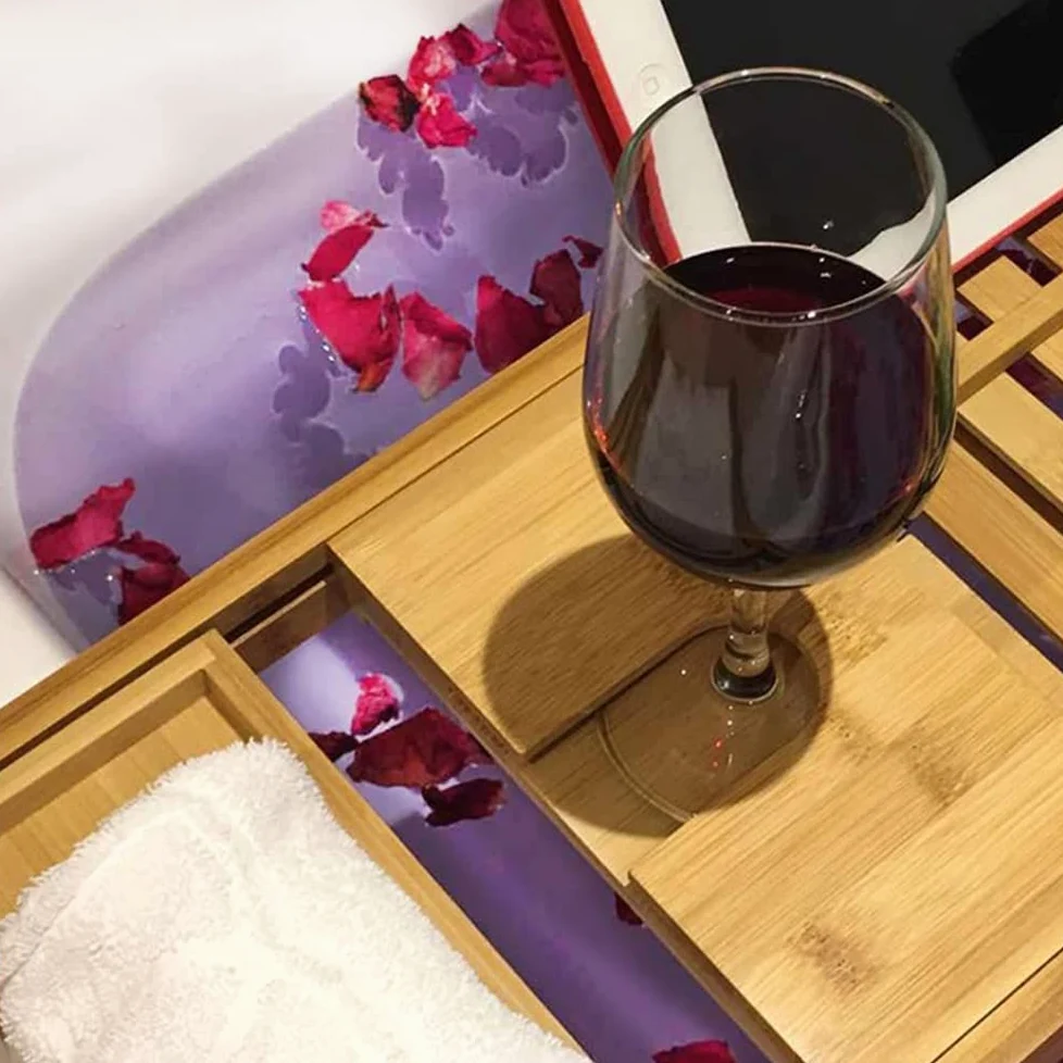 Pont de Baignoire Extensible Bambou,Plateau de Rangement Baignoire Expérience de Spa,2 en 1 Plateau en Bambou Naturel de Baignoire/Lit,avec Support pour Verre à Vin,Livre et Tablette