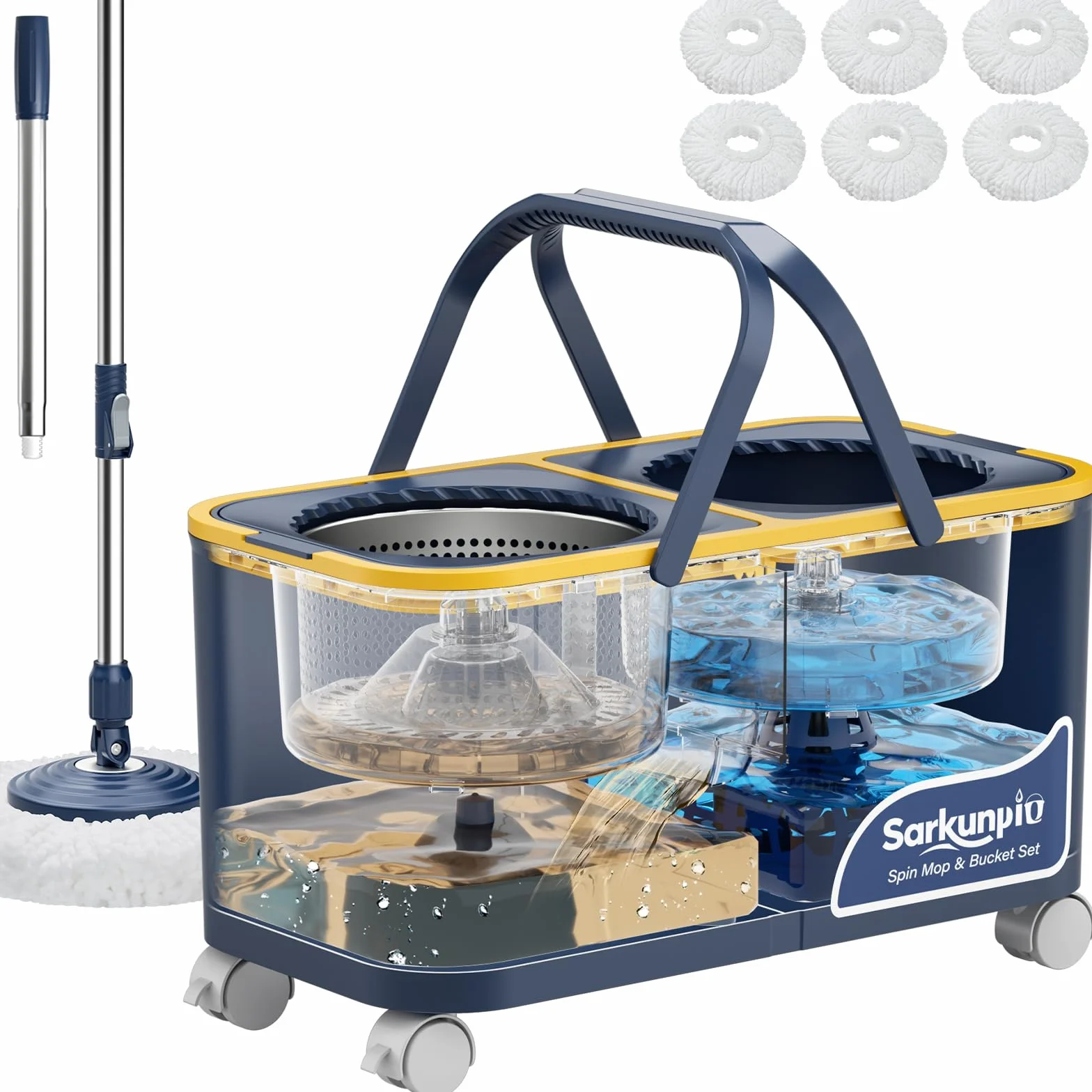 Balai Serpillère Seau Essoreur, Ensemble Serpillère et Seau de Nettoyage avec 4 Chambres et 4 Roues, Sépare l'eau Propre et Sale, Serpillere Rotative à 360° Spin Mop Système avec 6 Têtes