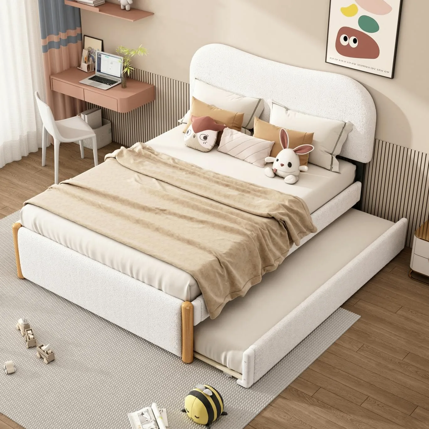 Sweiko Lit Plat 140 * 200cm, lit rembourré en Bois avec lit gigogne Pratique, Cadre de lit pour Enfants,lit Adult Double